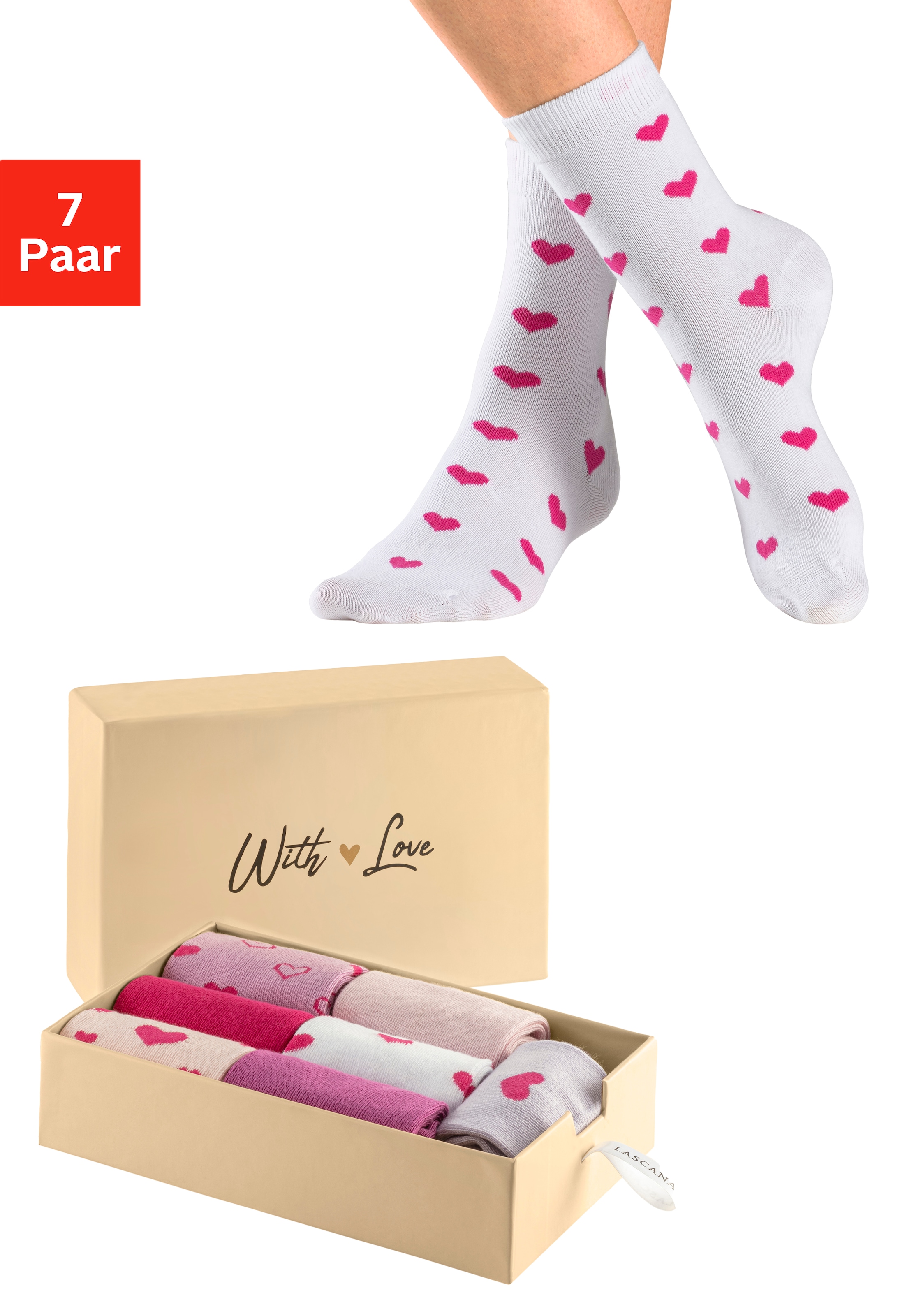 LASCANA Basicsocken Box, 7 Paar tlg. in Geschenkbox für den Valentinstag