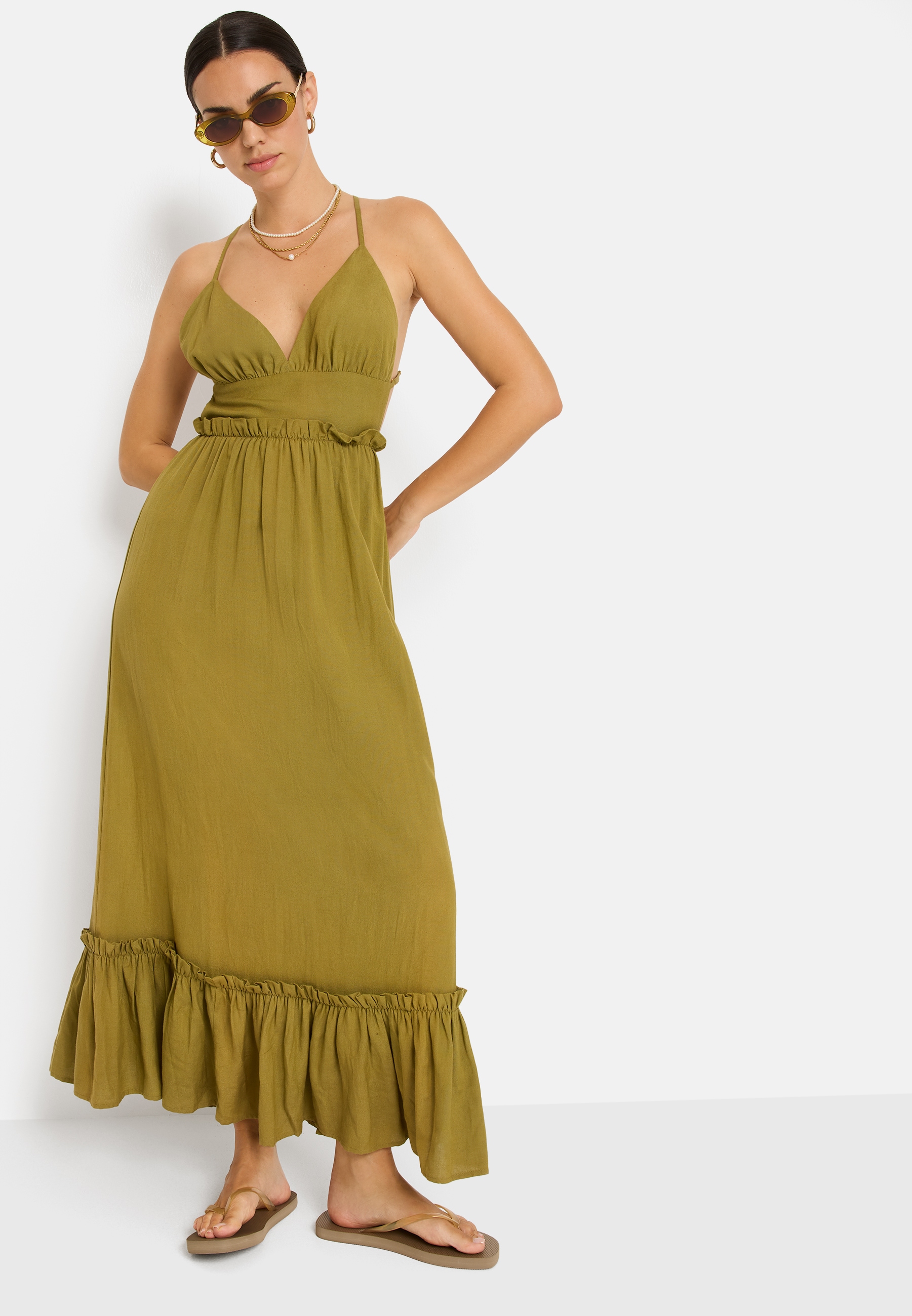 LSCN by LASCANA Maxi robe Sans poches aus Webware mit Leinenanteil, Strandkleid, Boho-Kleid