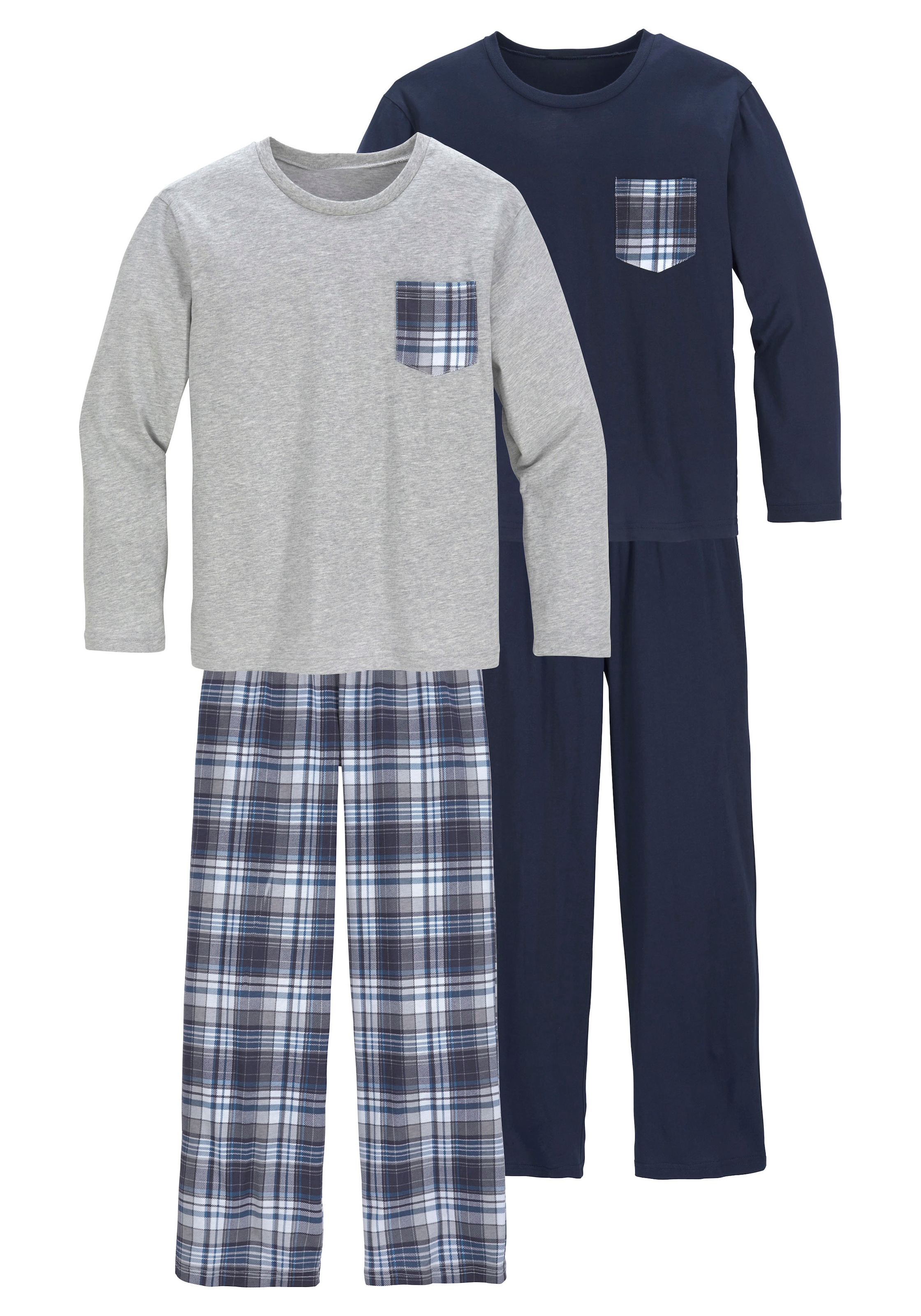 le jogger® Pyjama Packung, 2 Stück, 4 Stk. tlg., Schlafanzug in langer Form, Hose 1x uni und 1x kariert