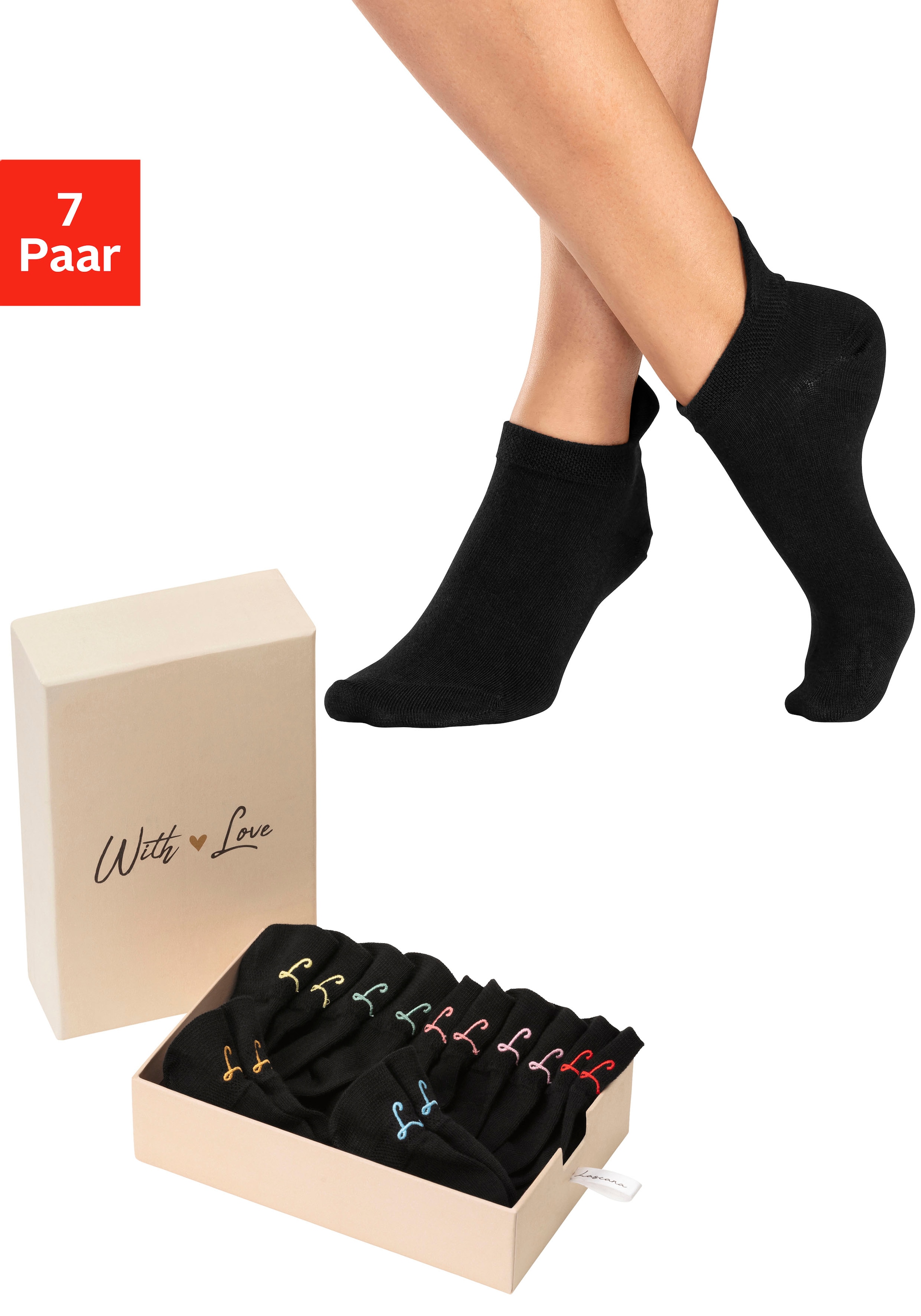 LASCANA Sneakersocken Box, Box, 7 Stk. tlg. mit kleiner Stickerei