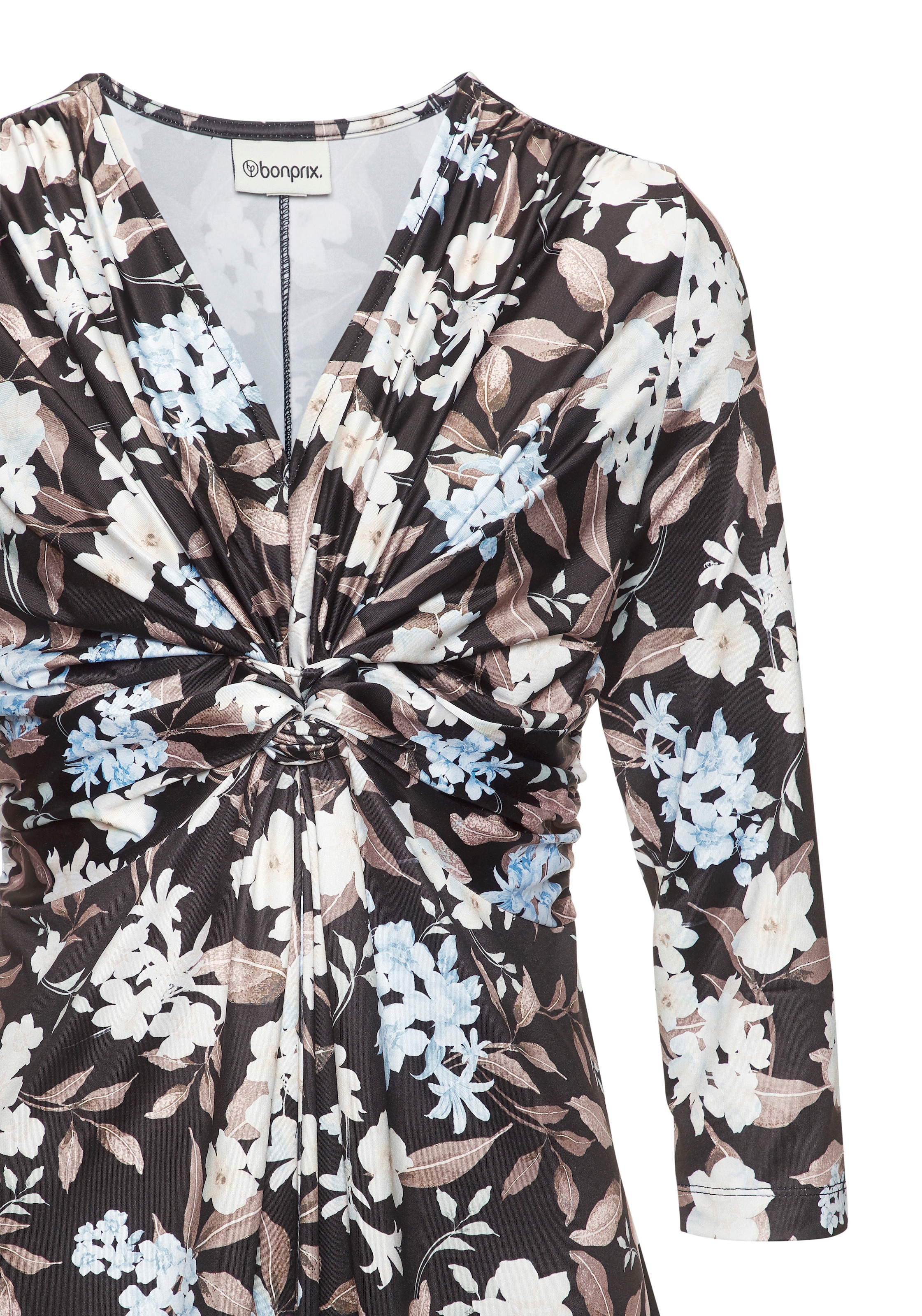 LASCANA Jerseykleid »aus bügelfreier Ware mit Knotendetail vorne mit Blumendruck« Ohne Taschen festlich-elegantes Sommerkleid, tailliertes Druckkleid, Cocktailkleid