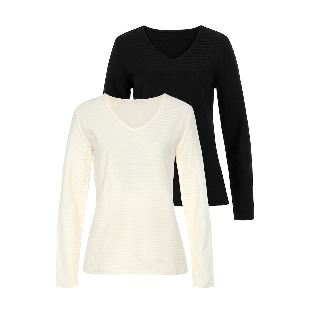 LASCANA Langarmshirt »mit Streifenstruktur«, (2er-Pack), aus weicher Baumwoll-Qualität