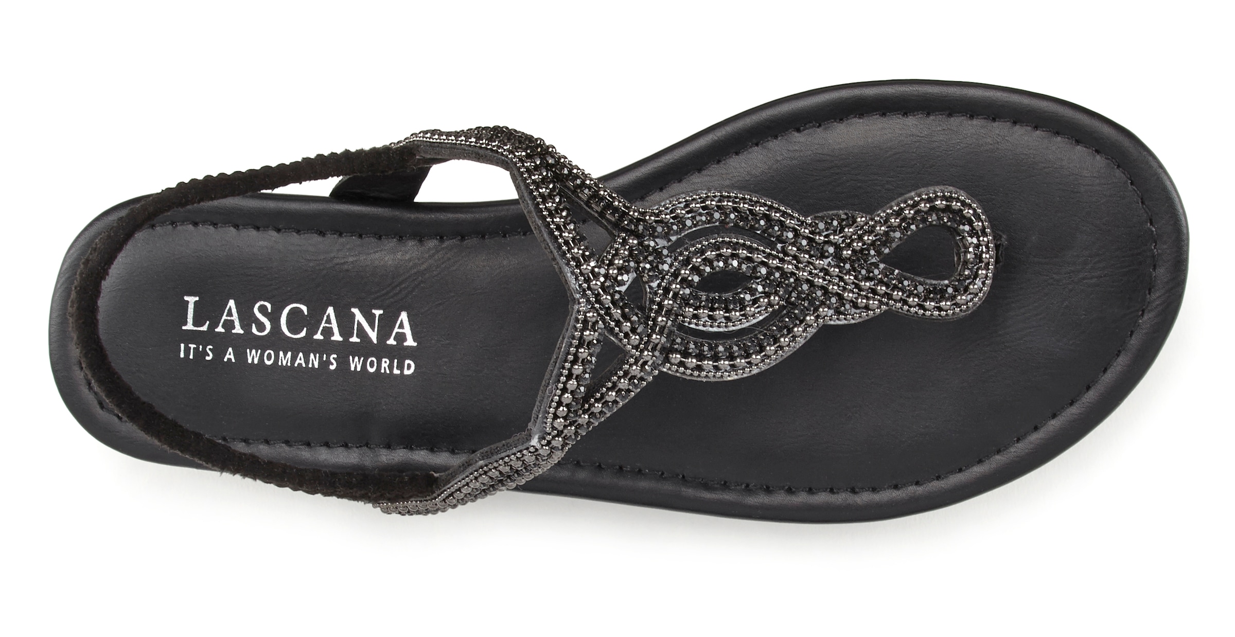 LASCANA Zehentrenner, Sandale, Pantolette mit Schmucksteinen in Glitzer-Optik VEGAN