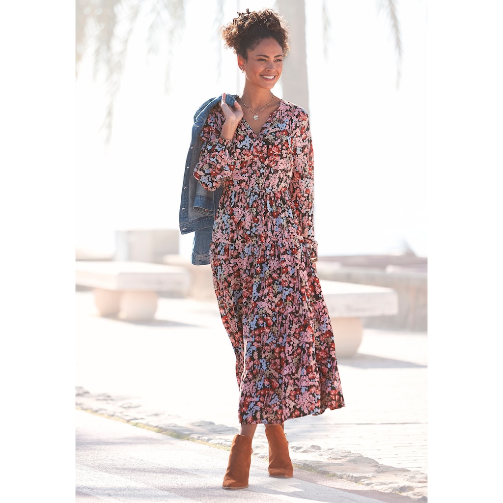 LASCANA Maxikleid, mit Blümchenprint und V-Ausschnitt, Sommerkleid
