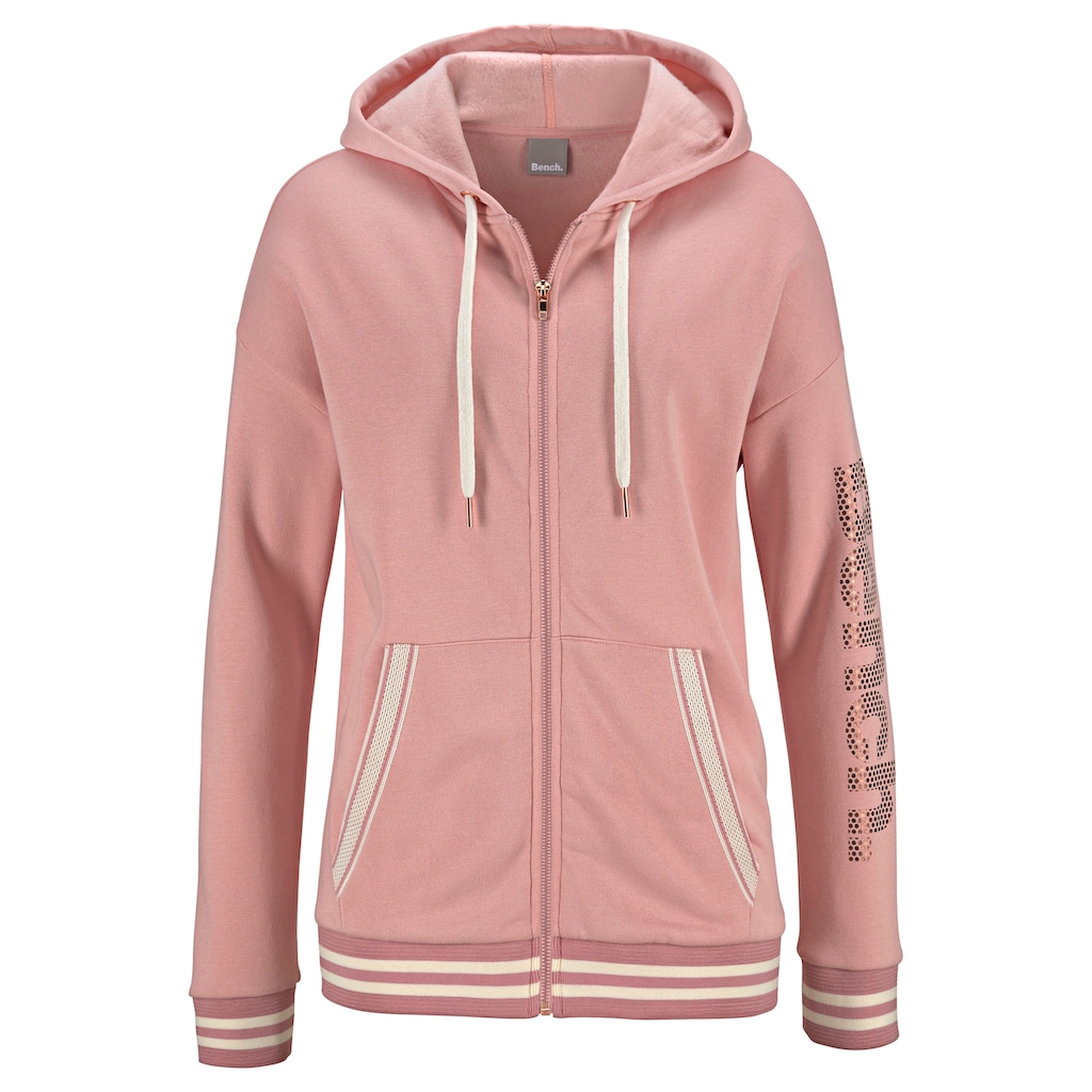 Bench. Kapuzensweatjacke, mit gestreiften Bündchen und Glanzprint, Loungewear, Loungeanzug