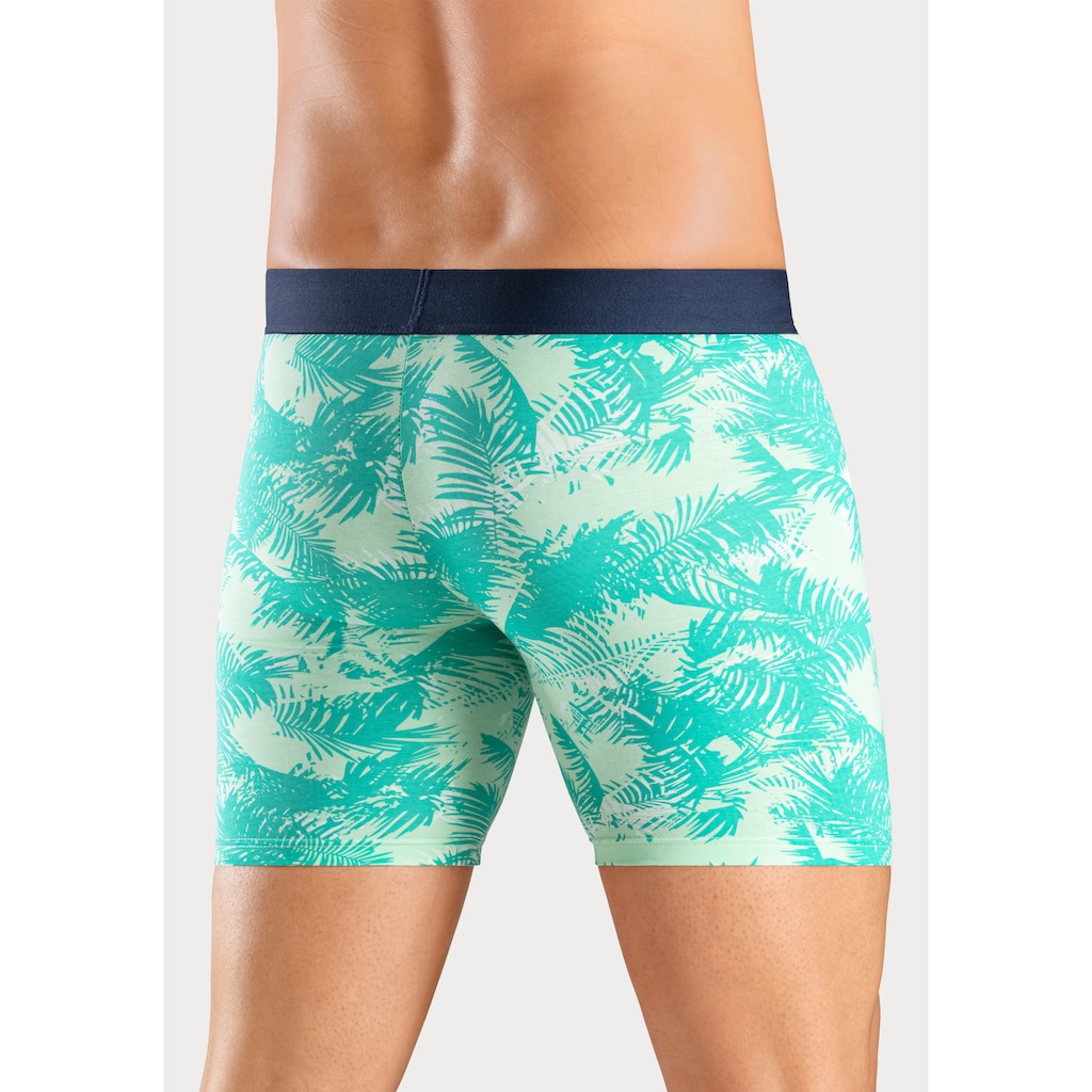 Bruno Banani Langer Boxer, (Packung, 4 St., 4er-Pack), mit Palmendruck und unifarben aus Baumwollmischung