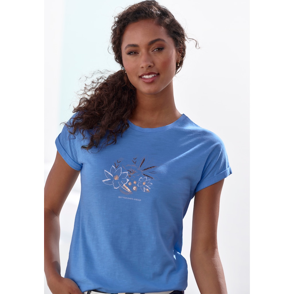 Vivance T-Shirt »mit goldfarbenenfarben schimmerndem Folienprint«, aus weicher Baumwoll-Qualität