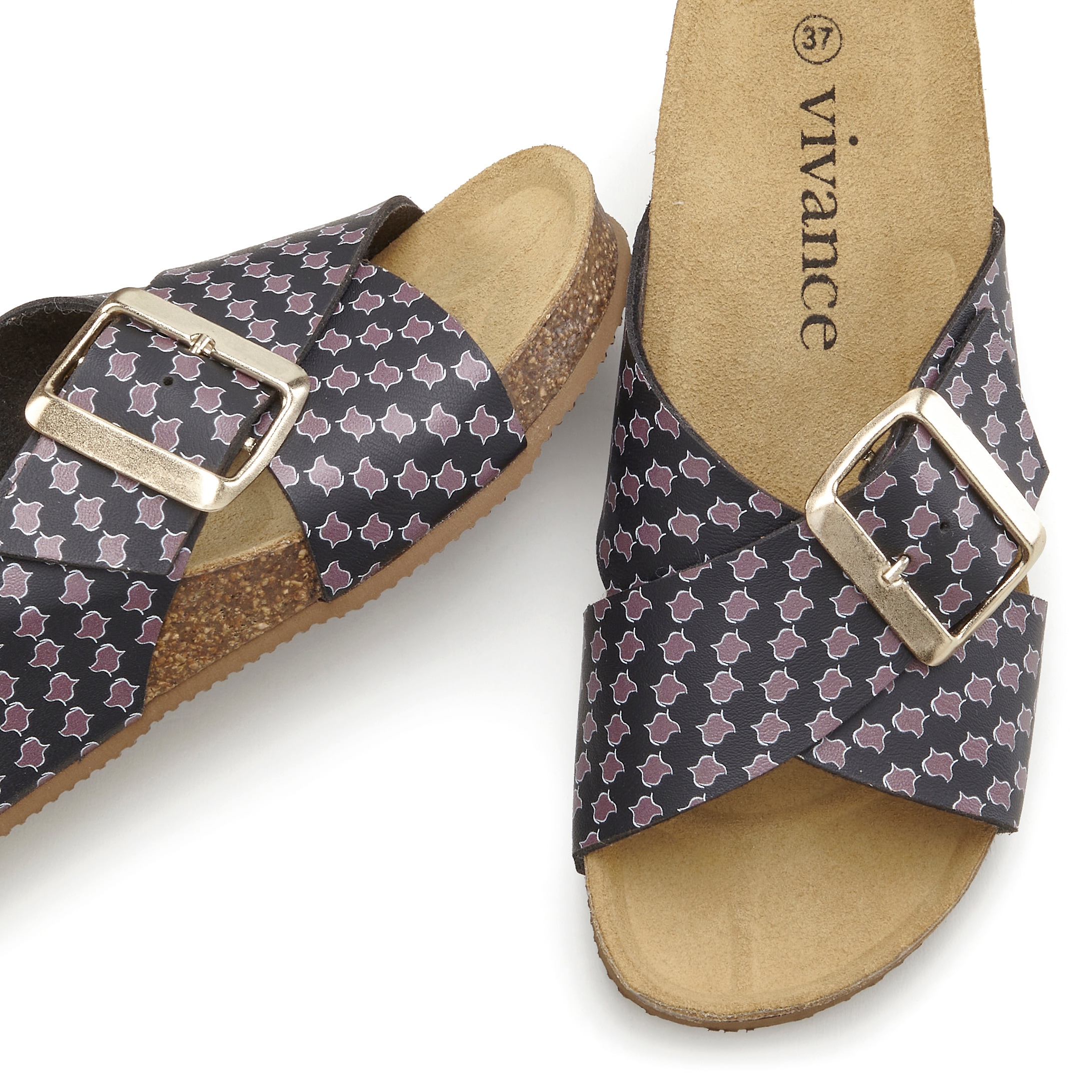 Vivance Pantolette »Sandale, Mule, offener Schuh«, mit Komfortkorkfussbett aus Leder, Keilabsatz und Print