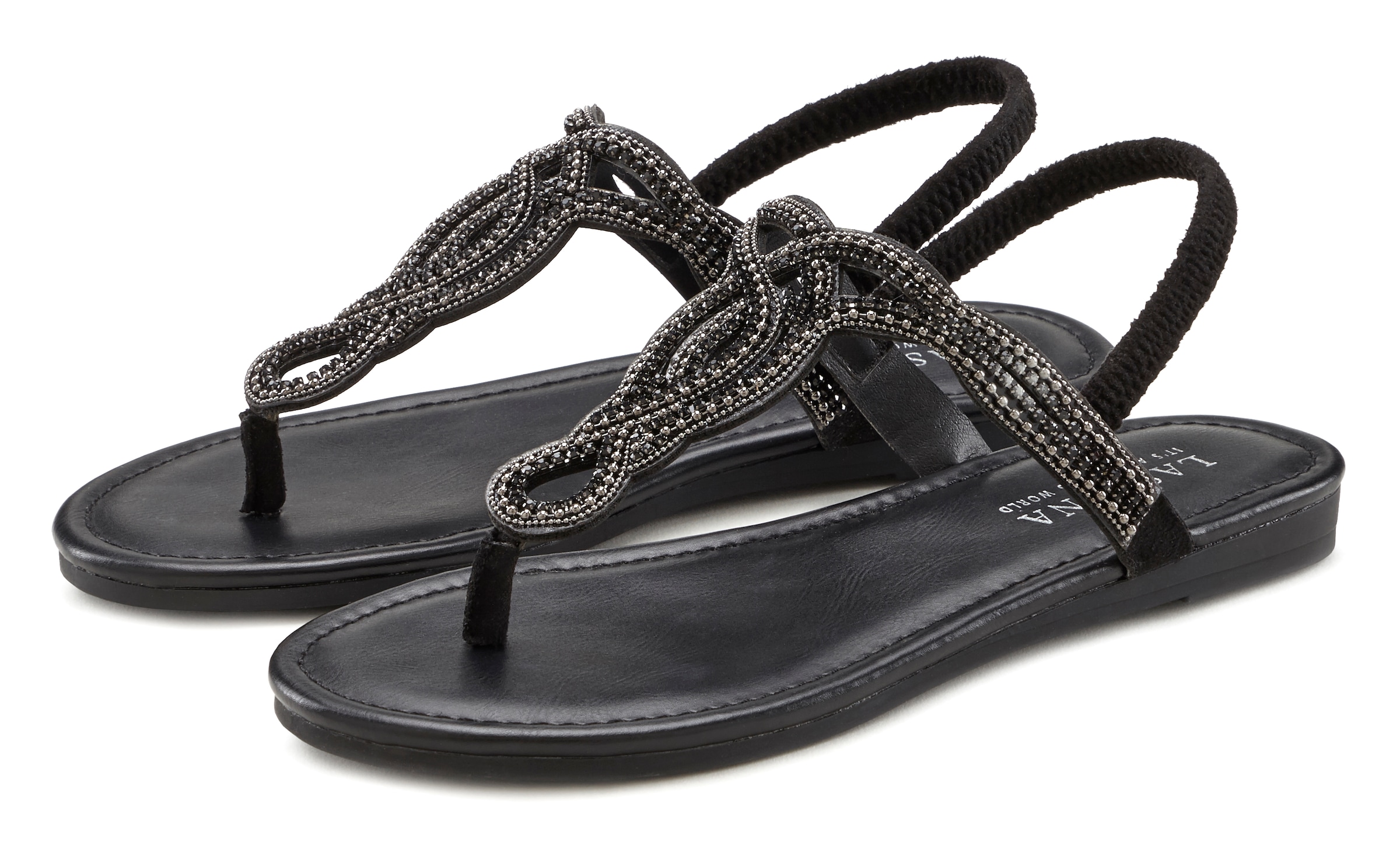 LASCANA Zehentrenner, Sandale, Pantolette mit Schmucksteinen in Glitzer-Optik VEGAN