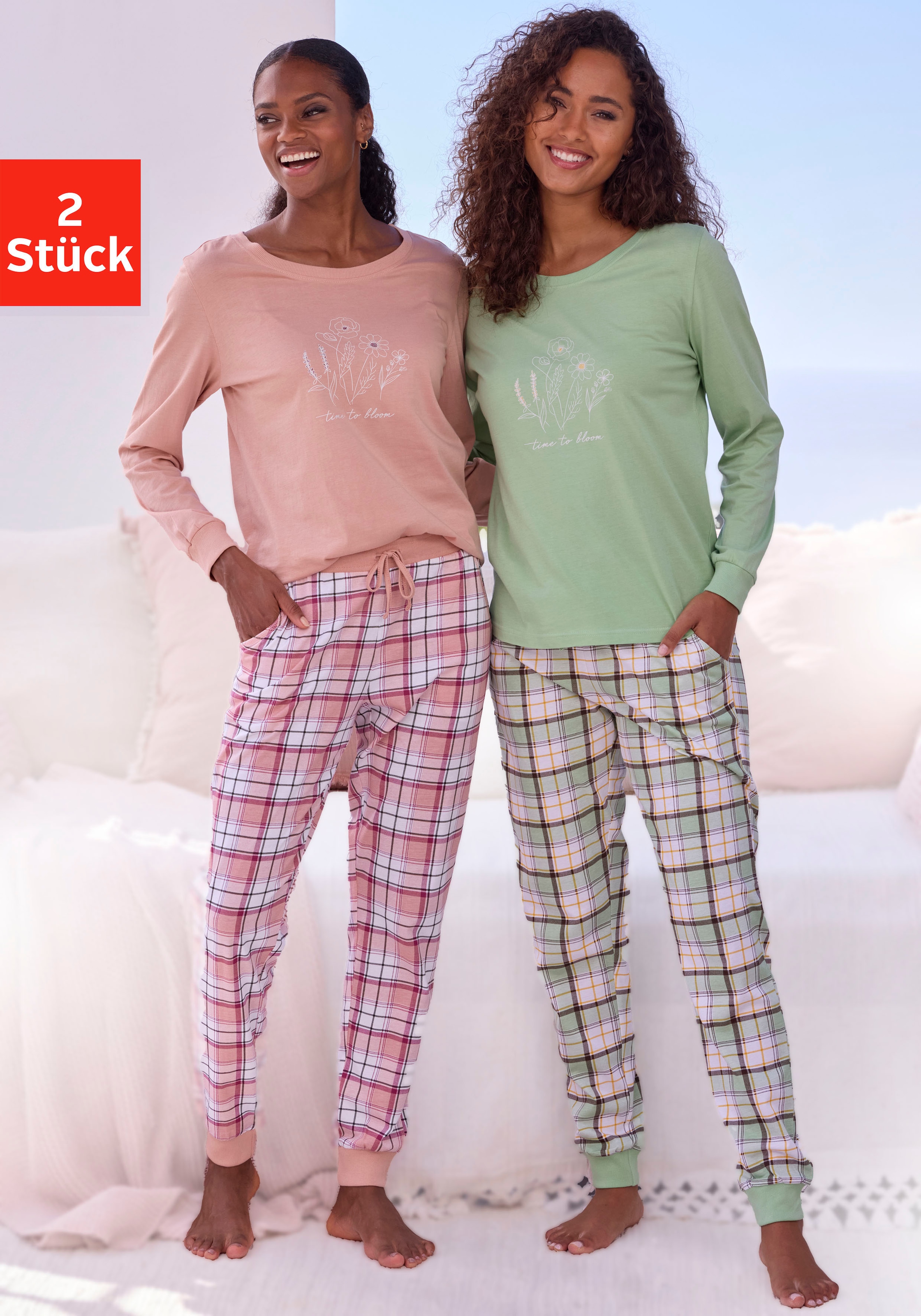 Vivance Dreams Pyjama Set, 2 Stück, Elastische Rippbündchen