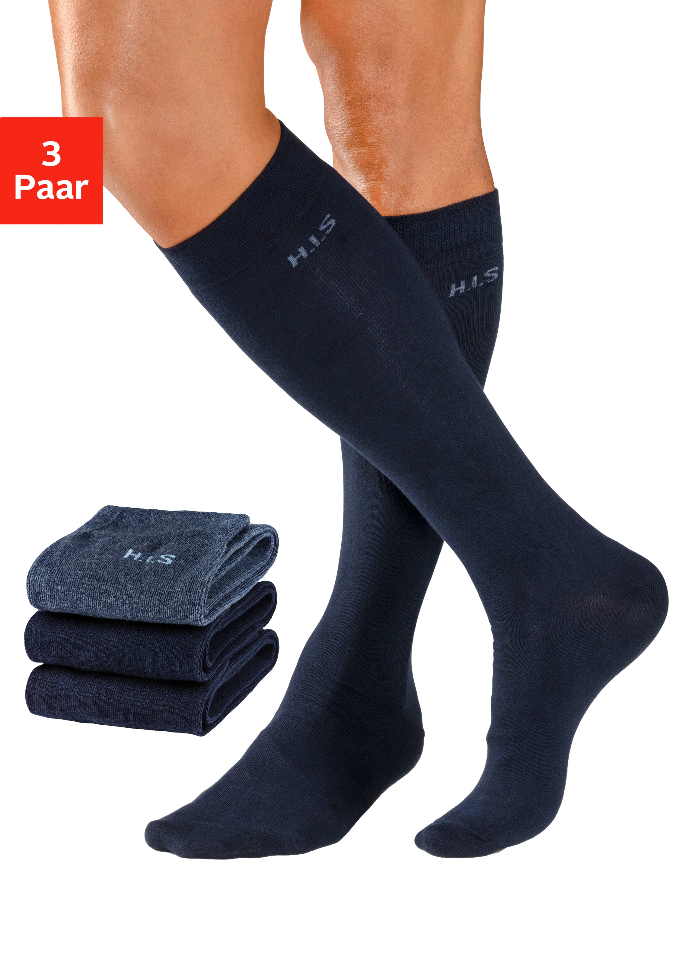 H.I.S Kniestrümpfe Packung, 3 Paar tlg. mit druckfreiem Bündchen