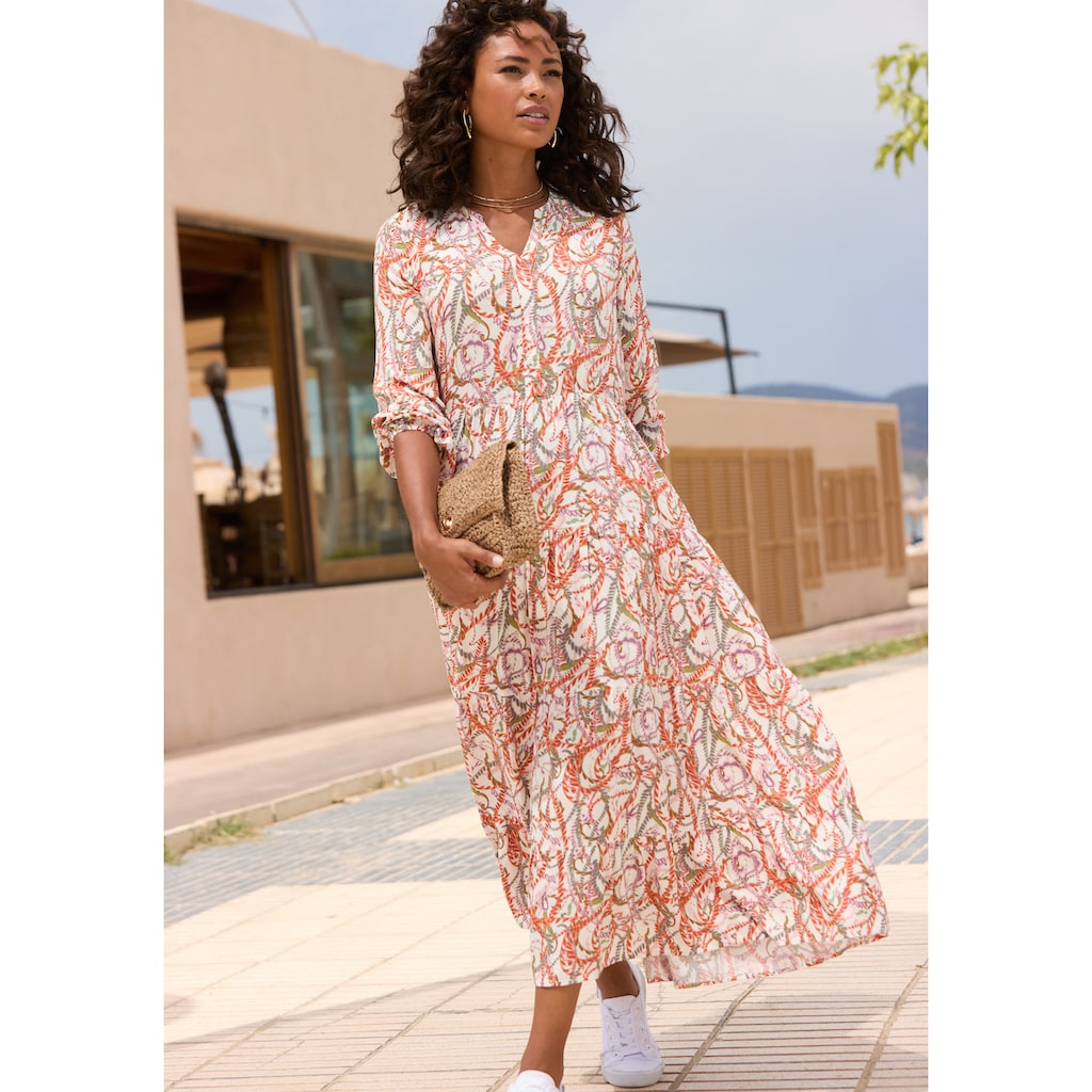 LASCANA Maxikleid, mit Alloverprint und Volants, langärmlig, Druckkleid, casual-chic
