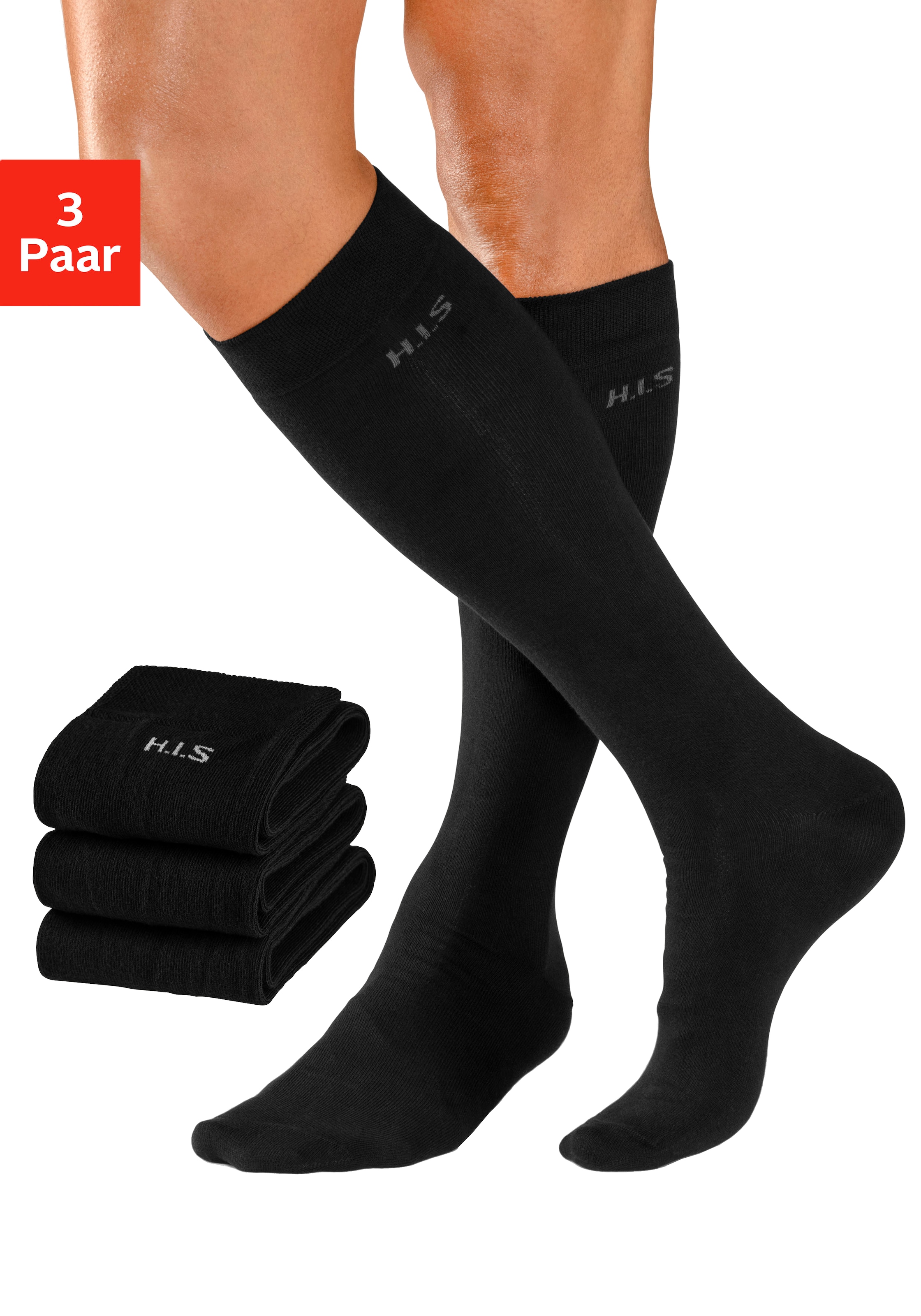 H.I.S Kniestrümpfe Packung, 3 Stk. tlg. mit druckfreiem Bündchen
