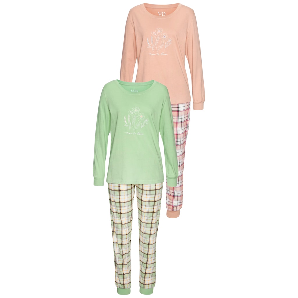 Vivance Dreams Pyjama, (Set, 2 Stück), Langarmshirt mit süssem Frontprint und karierter Hose