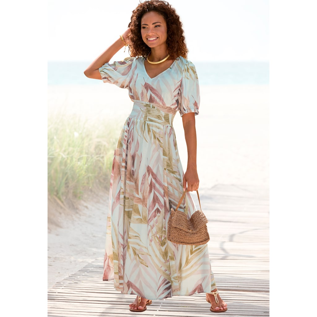 LASCANA Maxikleid, mit Alloverprint und gesmokter Taille, luftiges Sommerkleid