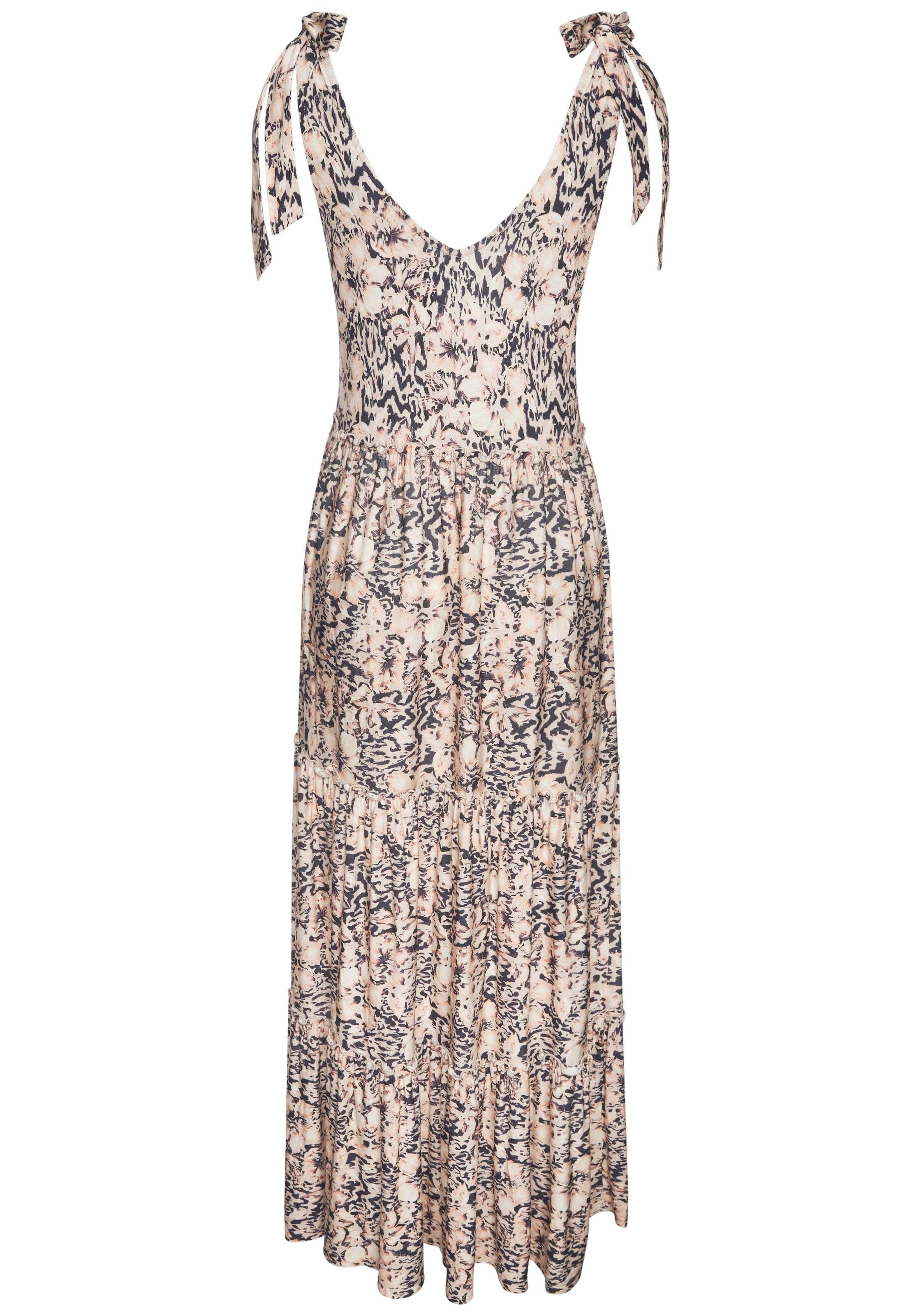 Buffalo Maxi robe »in lockerem Schnitt mit gestuftem Rockteil und Blumendruck« Sans poches longue robe de plage, robe d'été en viscose, robe en jersey aérée