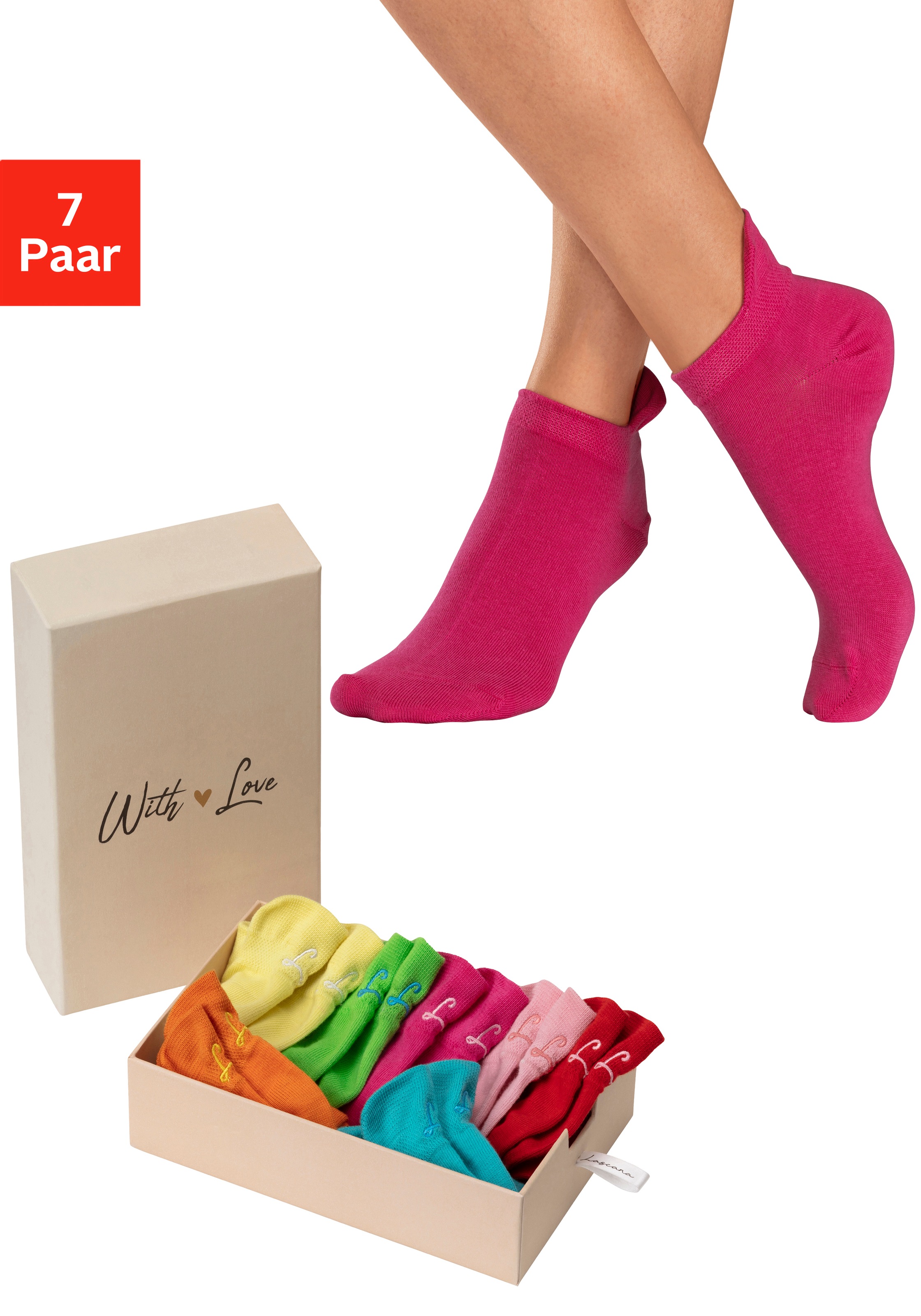 LASCANA Sneakersocken Box, Box, 7 Stk. tlg. mit kleiner Stickerei