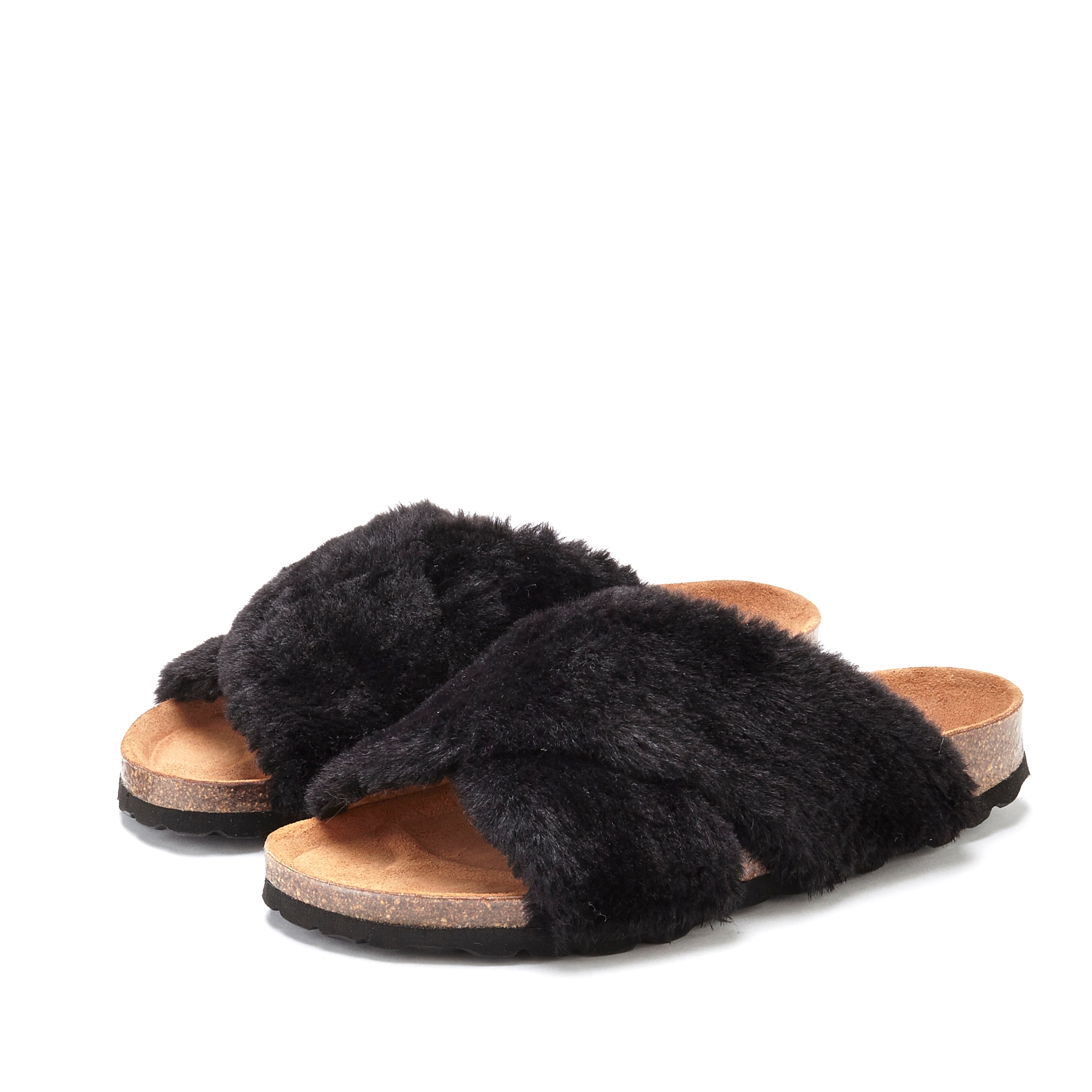 LASCANA Pantolette »Hausschuh, Mule, Sandale, offener Schuh,«, mit Korkfussbett und Fellimitat