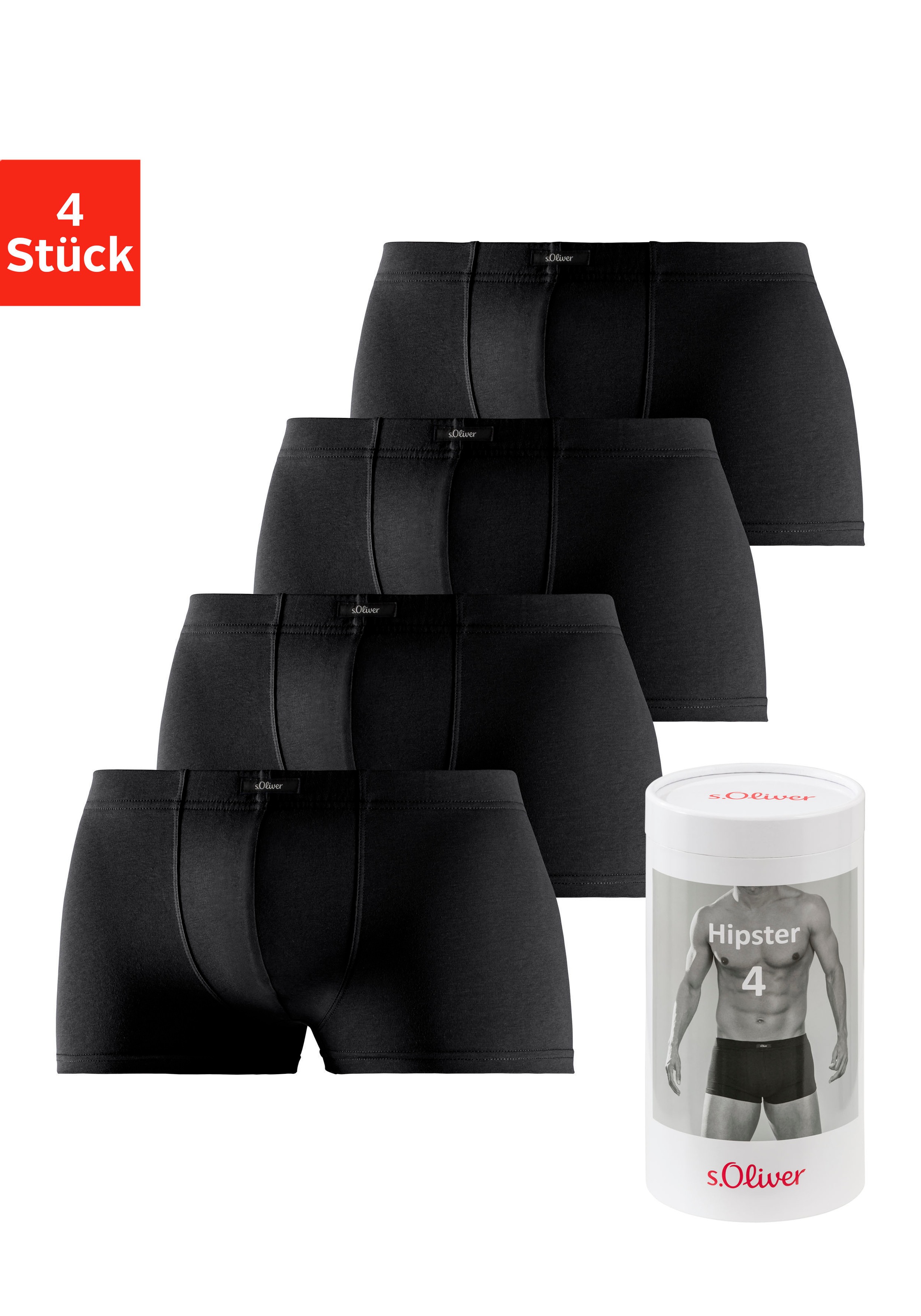 s.Oliver Hipster Dose, 4 Stk. knapp sitzende Boxershorts aus Baumwollmischung in der Dose verpackt