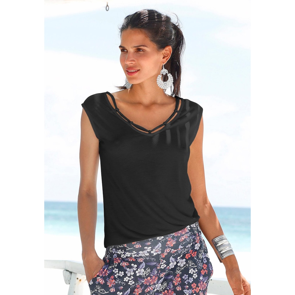 s.Oliver T-Shirt, mit Zierbändern am Ausschnitt, Kurzarmshirt, sommerlich