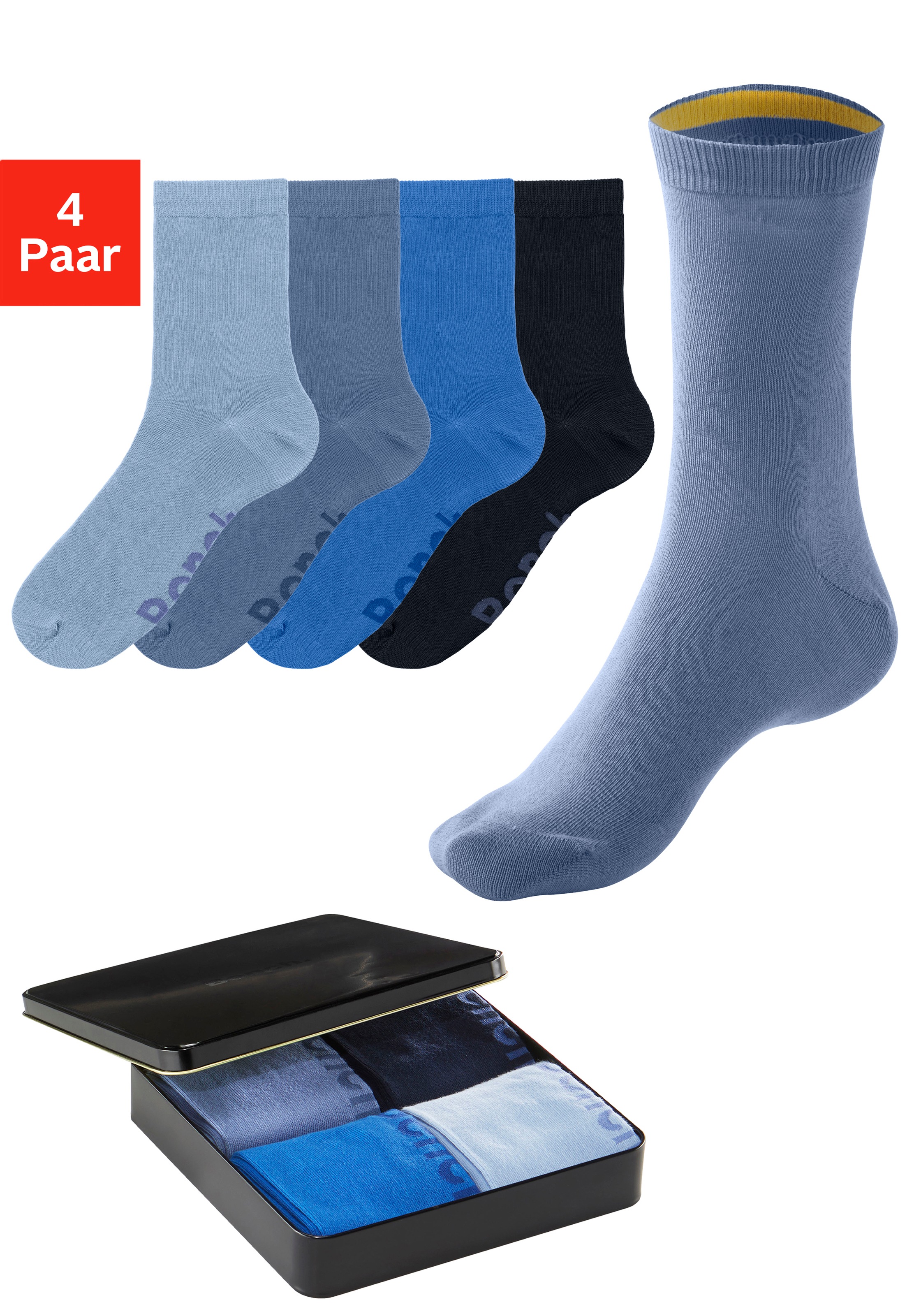 Bench. Socken Dose, 4 Stk. tlg. mit farbigen Innenbündchen, sortiert in edler Geschenkdose