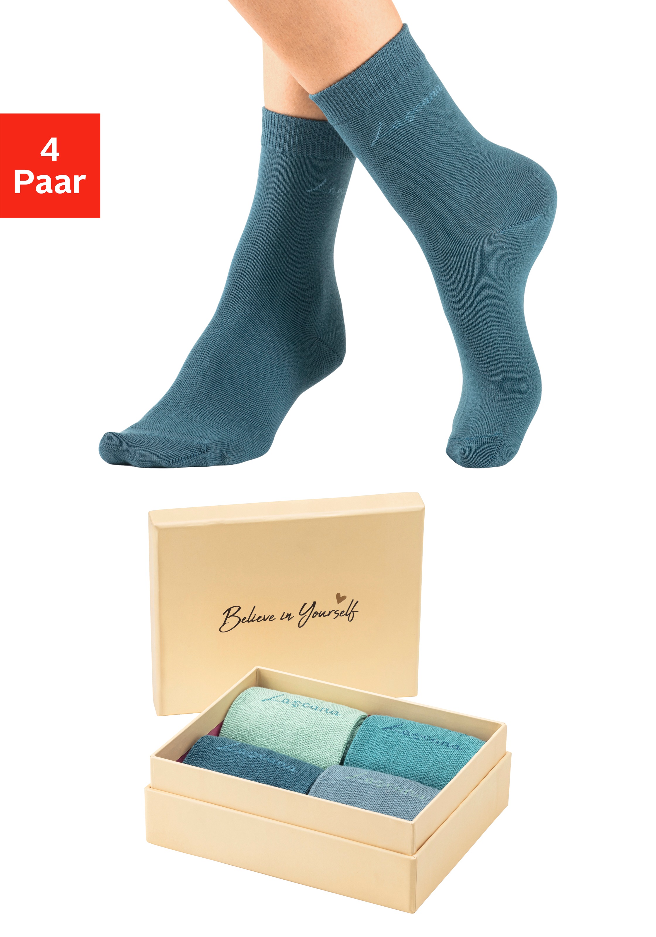 LASCANA Basicsocken Box, 4 Paar tlg. in ansprechender Geschenkbox