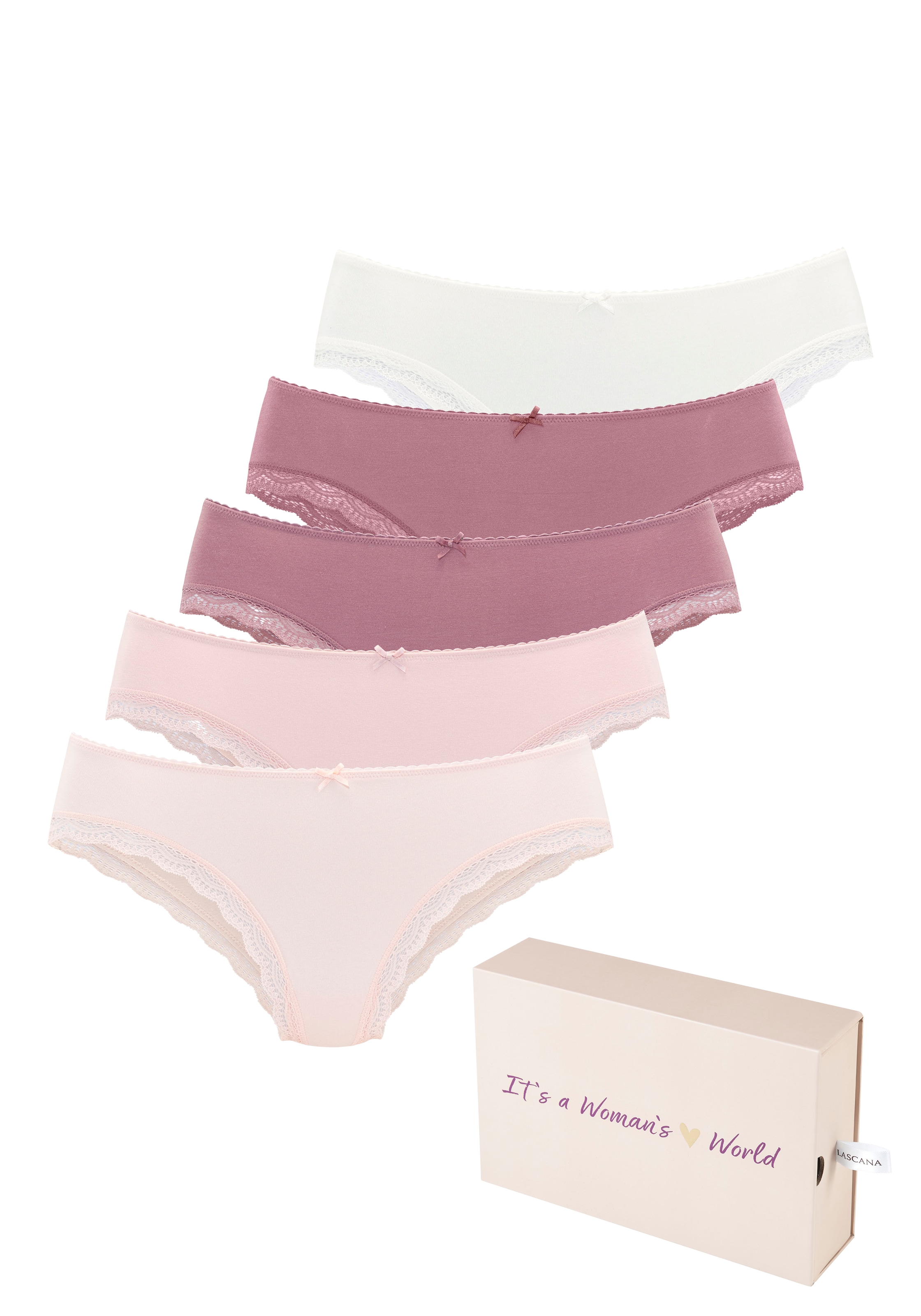 LASCANA Jazz-Pants Slips 5er-Pack,  aus elastischer Baumwolle mit zarter Spitze, mit Aufbewahrungsbox