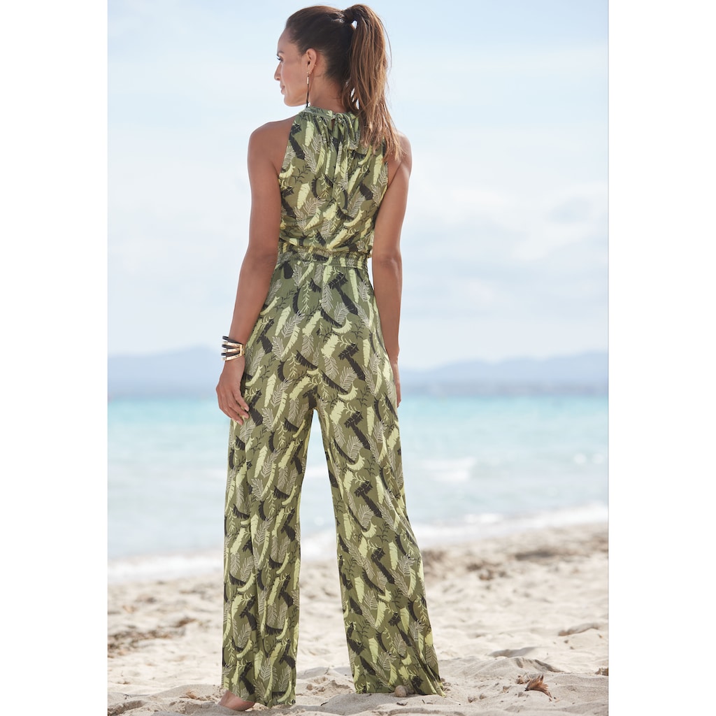 s.Oliver Overall, mit Blätterdruck und breitem Smokeinsatz, sommerlicher Jumpsuit