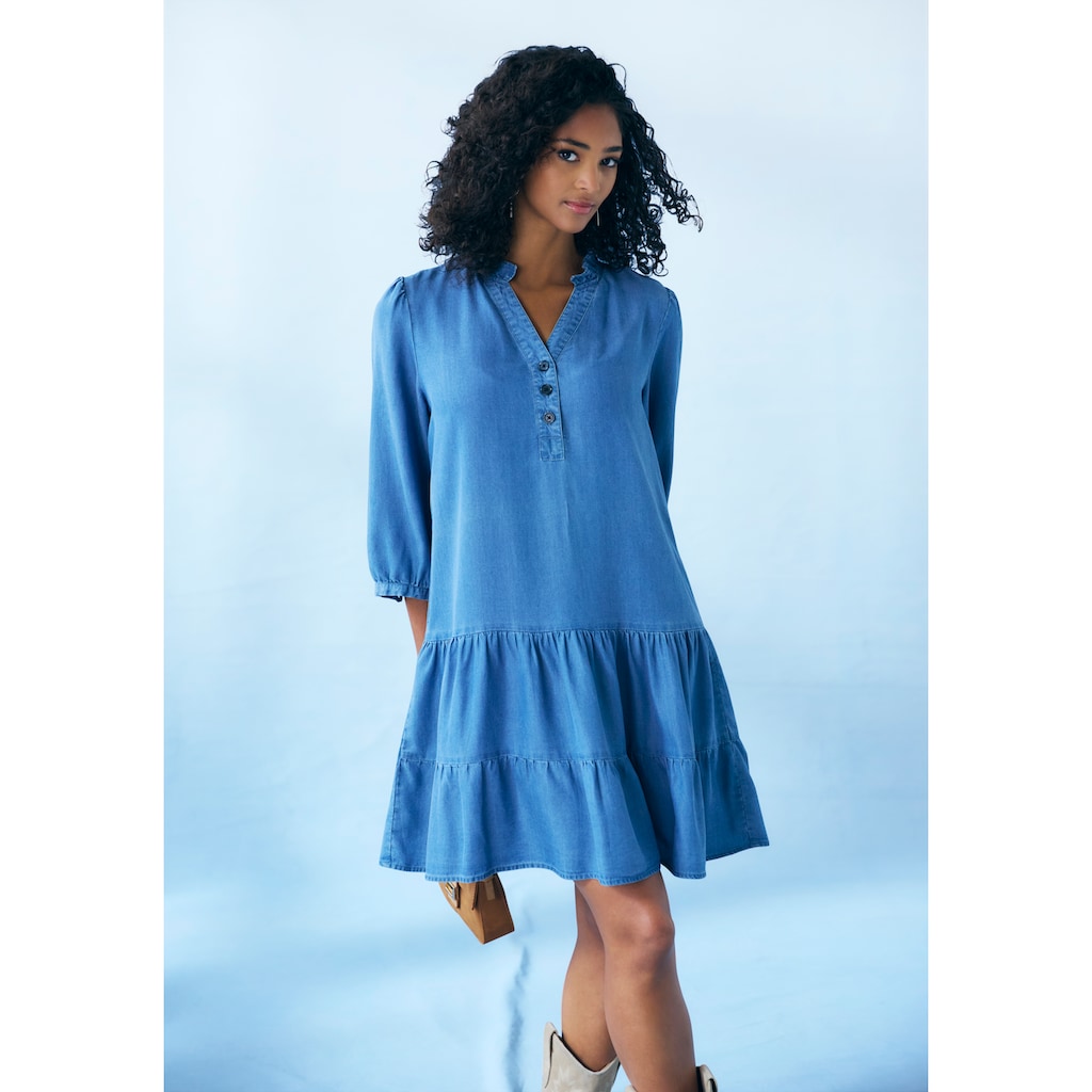 LASCANA Jeanskleid, mit Rüsche am Kragen und Knopfleiste, Blusenkleid, Tunikakleid