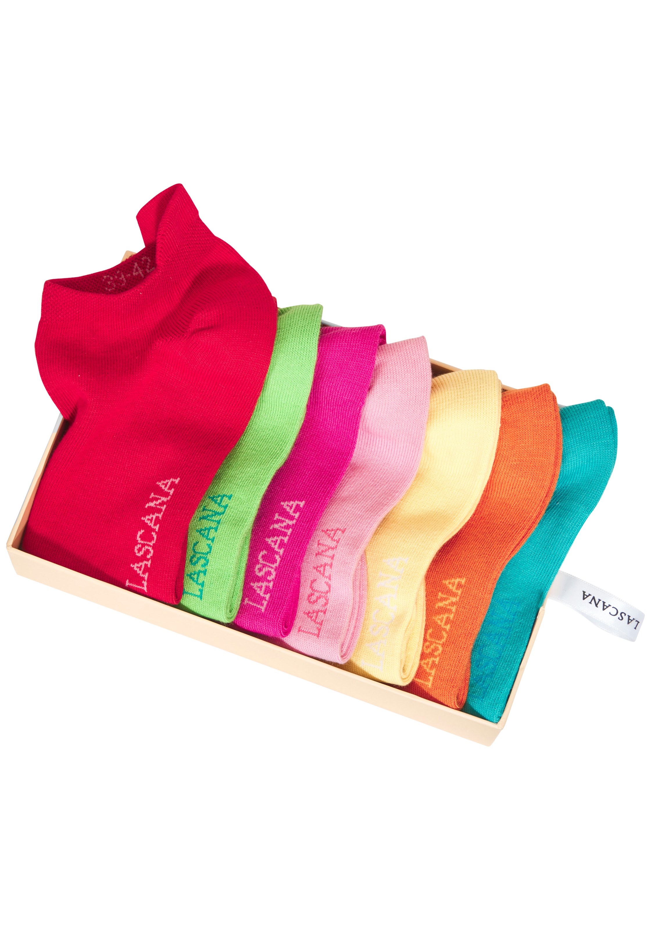 LASCANA Chaussettes de baskets »für Damen mit eingestricktem Markenlogo« Boîte, Boîte, 7 Couple tlg. dans une jolie boîte cadeau