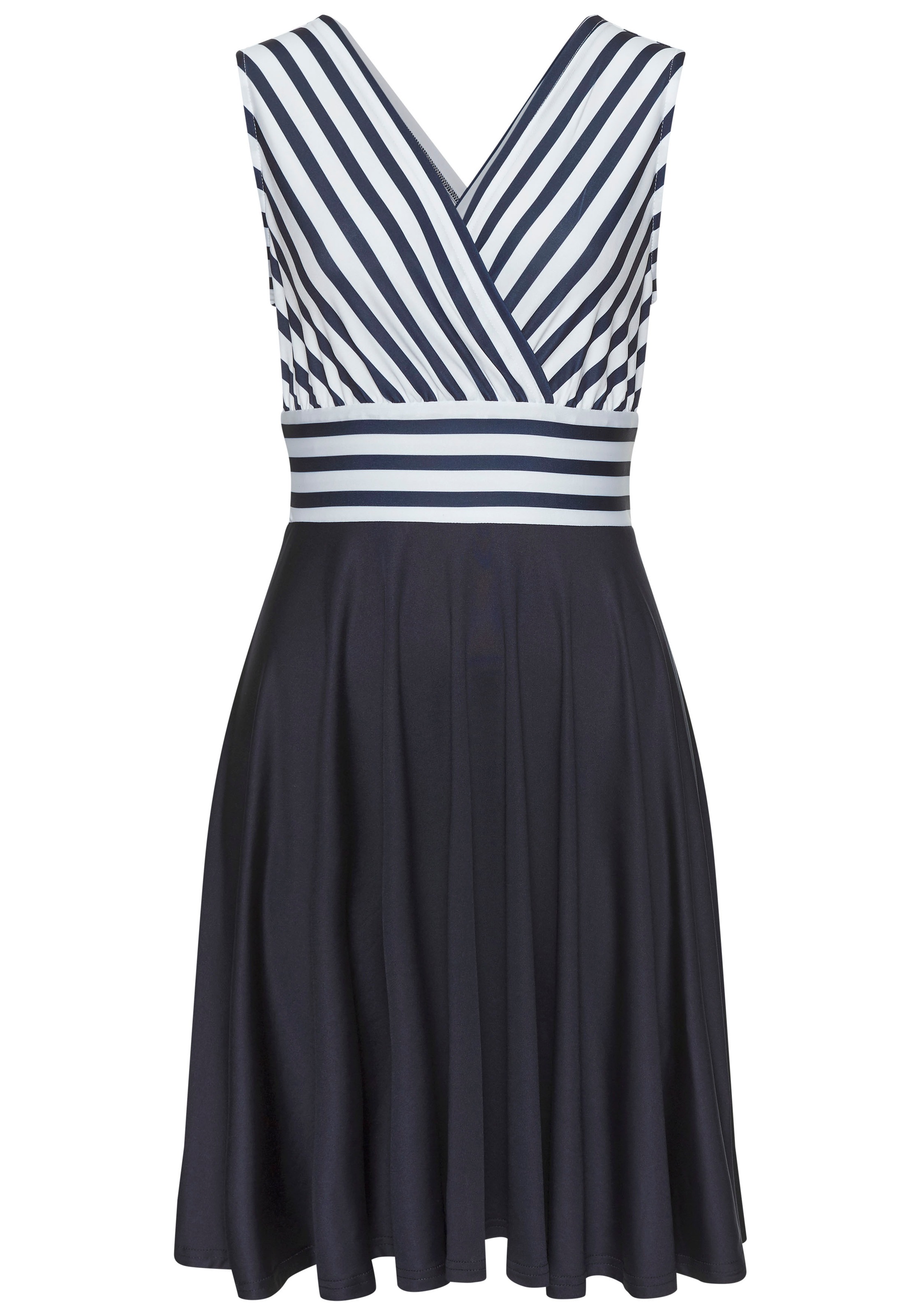 LASCANA Sommerkleid "mit Streifenprint, bügelfreie Qualität, maritim" tailliertes Minikleid, Streifenkleid, elegantes Strandkleid, casual