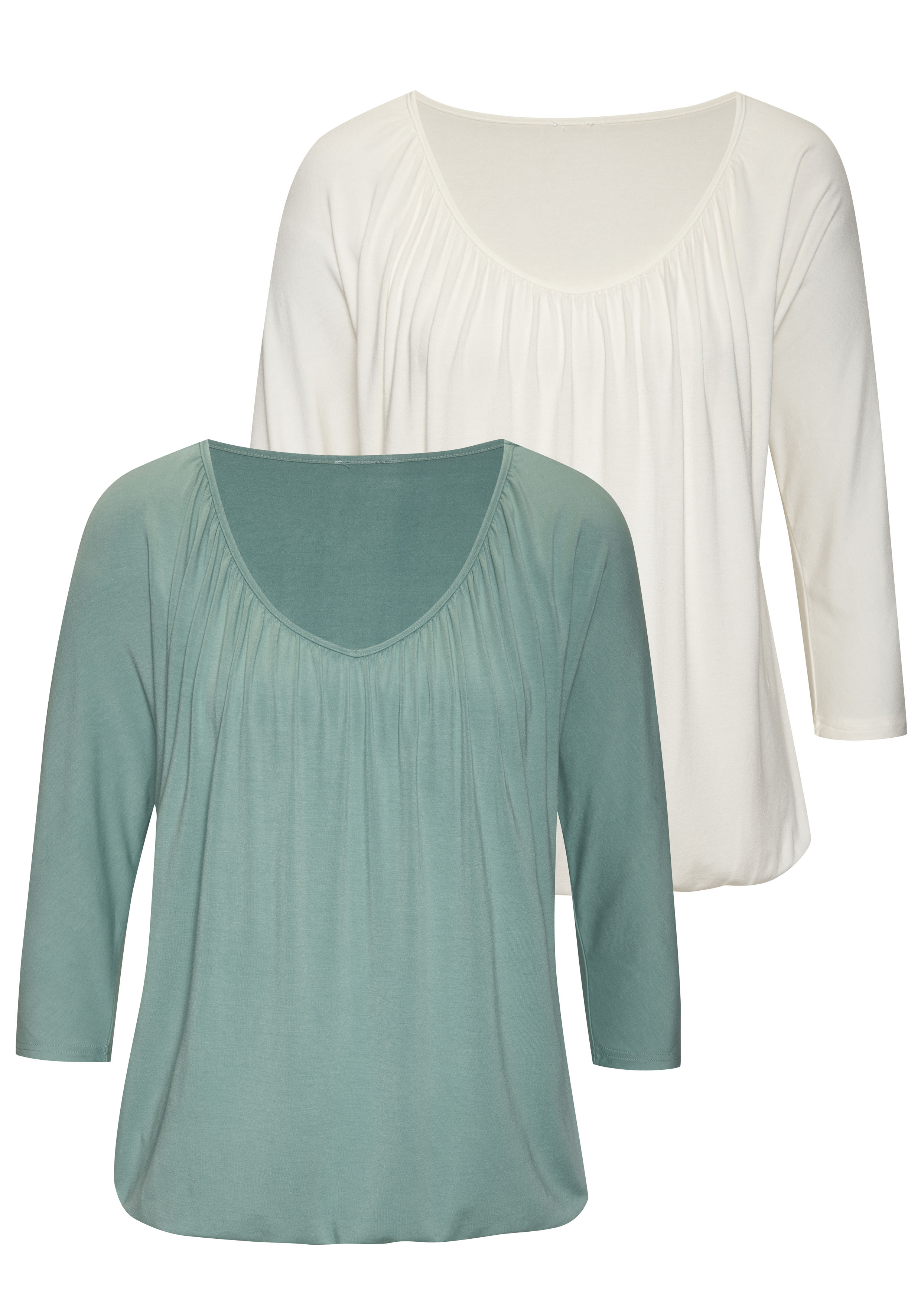 Thumbnail - LASCANA 3/4-Arm-Shirt »mit zarter Raffung am Ausschnitt«, (2er-Pack), aus weichem Viskose-Stretch