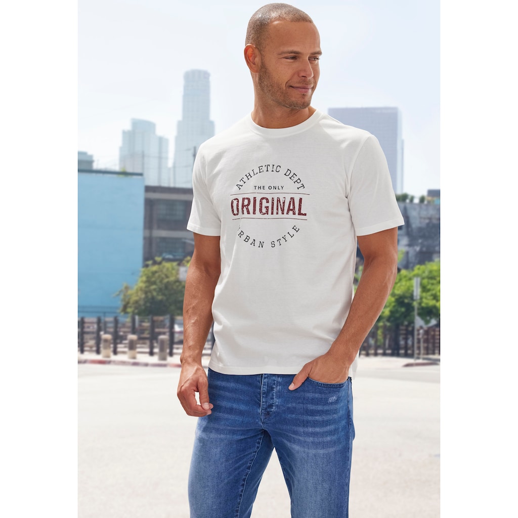 John Devin T-Shirt »Regular Fit,«, Kurzarm, Freizeitshirt mit Rundhals, Frontprint, reine Baumwolle