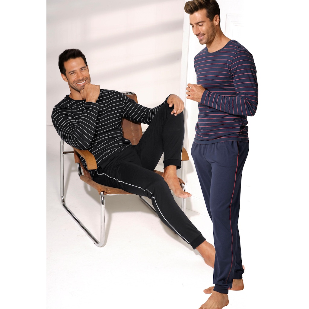 AUTHENTIC LE JOGGER Pyjama, (Packung, 4 tlg., 2 Stück), Schlafanzug in langer Form mit garngefärbten Streifen
