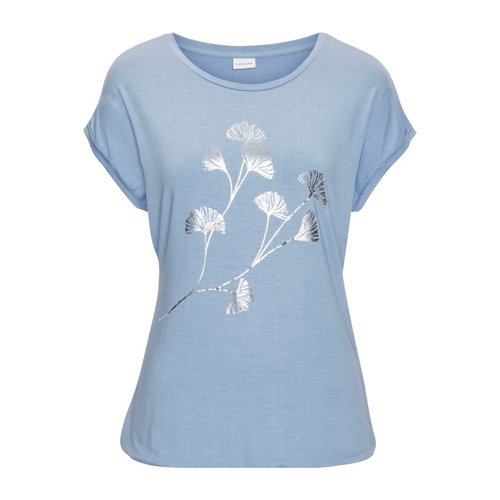 LASCANA Kurzarmshirt »mit schimmerndem Blumenprint«, aus elastischer Viskose-Qualität