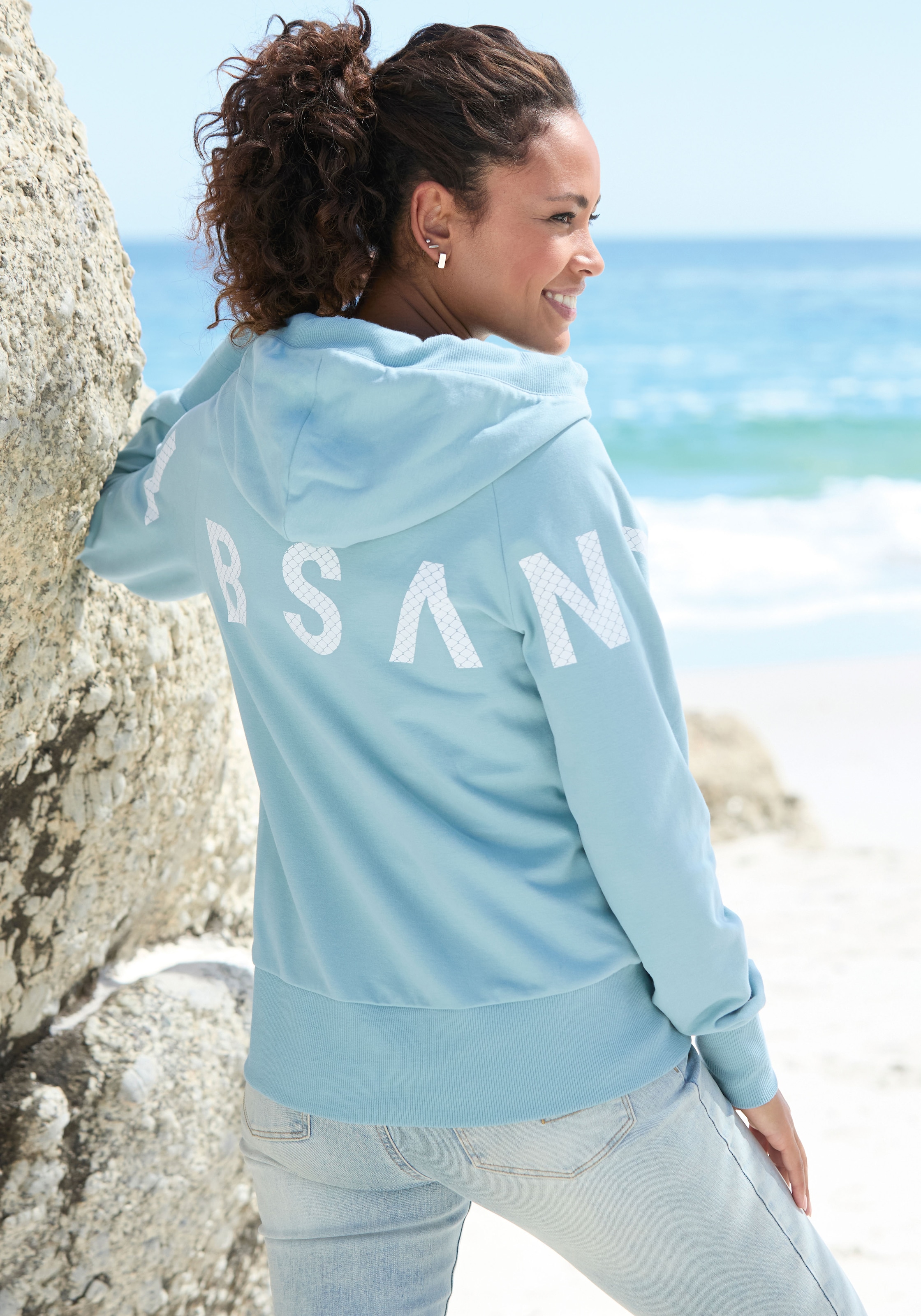 Elbsand Kapuzensweatjacke mit grossem Logodruck hinten, bequeme Freizeitjacke mit Taschen