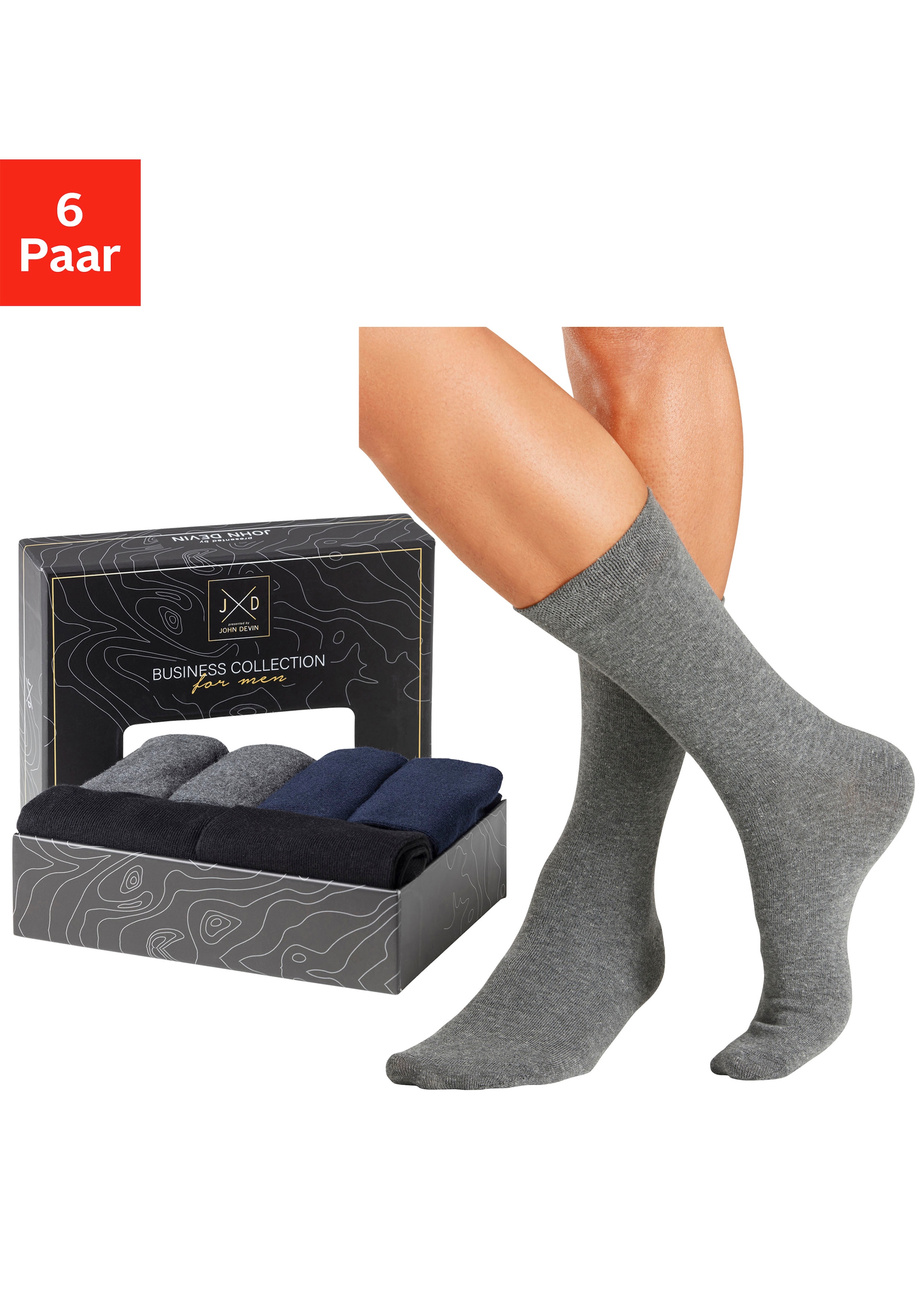 John Devin Businesssocken Packung, 6 Stk. tlg. lange Form, wertig in Box verpackt