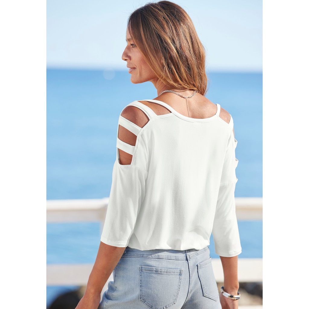 LASCANA 3/4-Arm-Shirt, mit Cut-outs, raffiniertes Longsleeve, schulterfrei