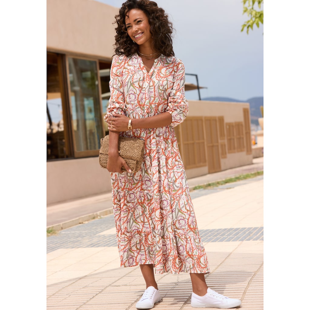 LASCANA Maxikleid, mit Alloverprint und Volants, langärmlig, Druckkleid, casual-chic
