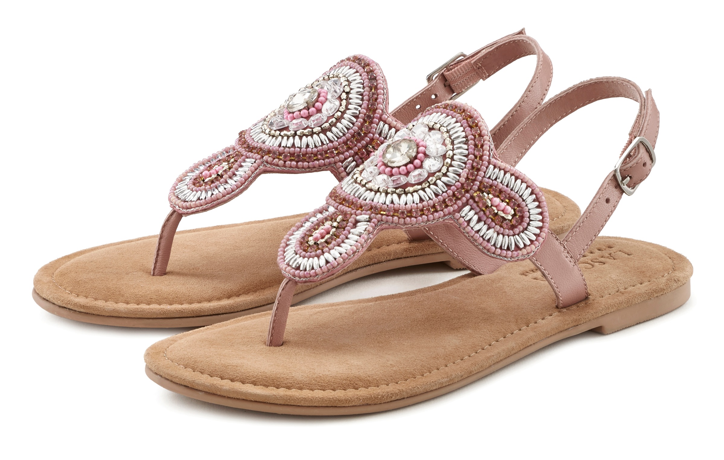 LASCANA Zehentrenner Sandale, Pantolette in Glitzer-Optik und softer Lederinnensohle