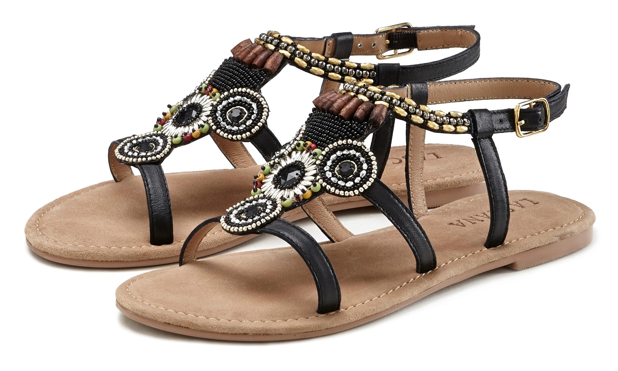 LASCANA Sandale »Sommerschuh«, Sandalette, Sommerschuh aus Leder mit Steinchen in Glitzer-Optik