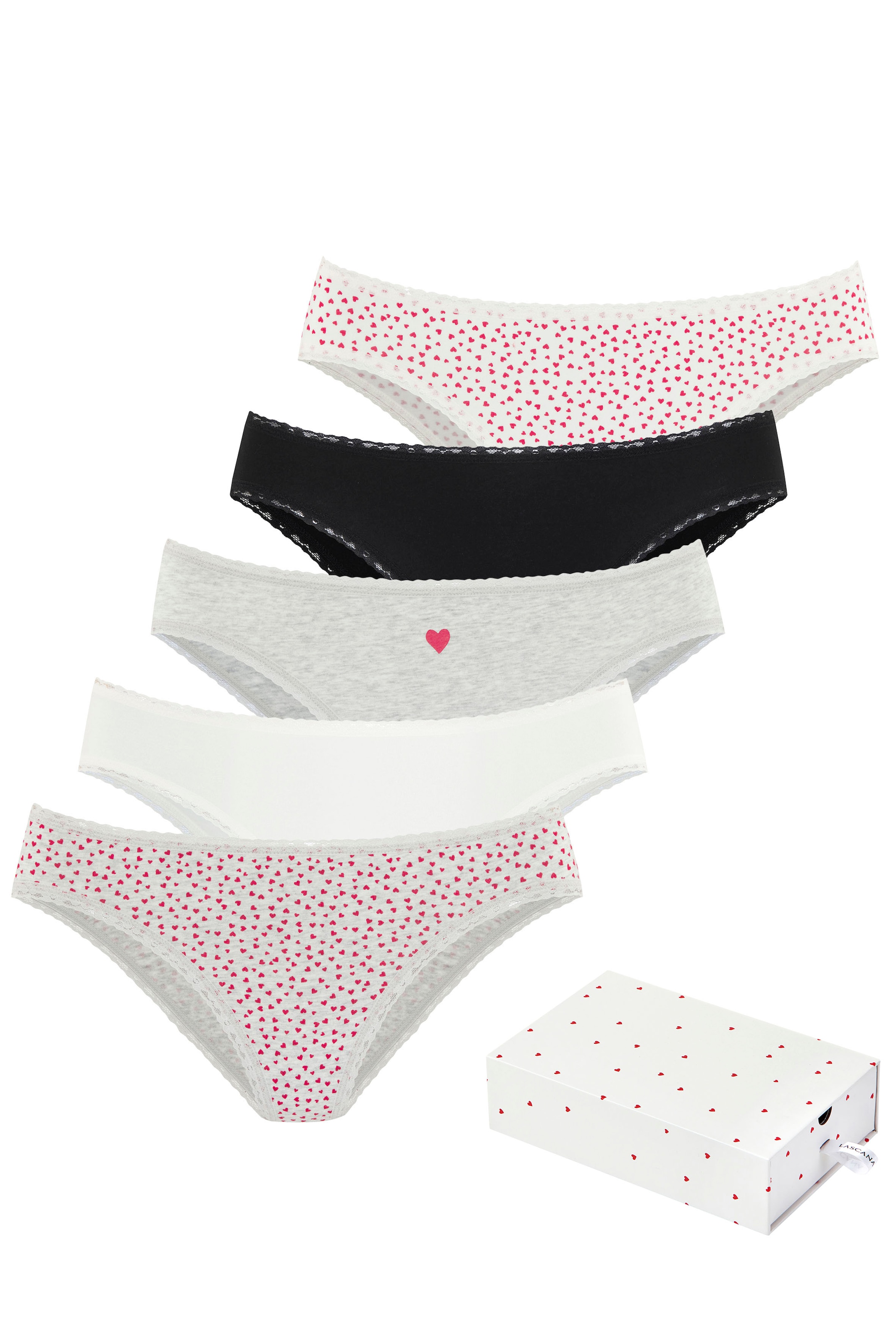 LASCANA Jazz-Pants Slips 5er-Pack, mit süssen Herzchen-Prints und aus elastischer Baumwoll-Qualität