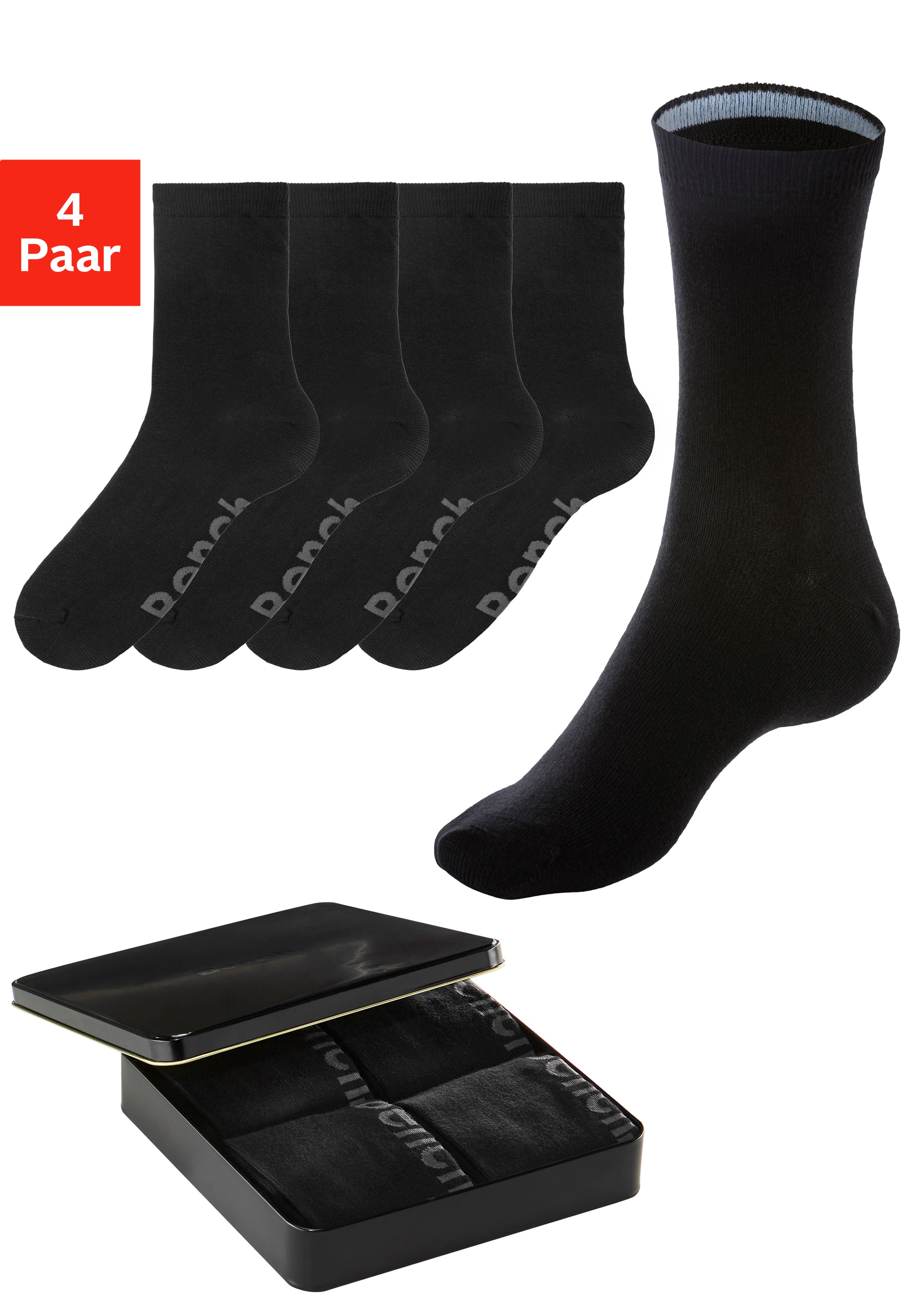 Bench. Socken Dose, 4 Stk. tlg. mit farbigen Innenbündchen, sortiert in edler Geschenkdose