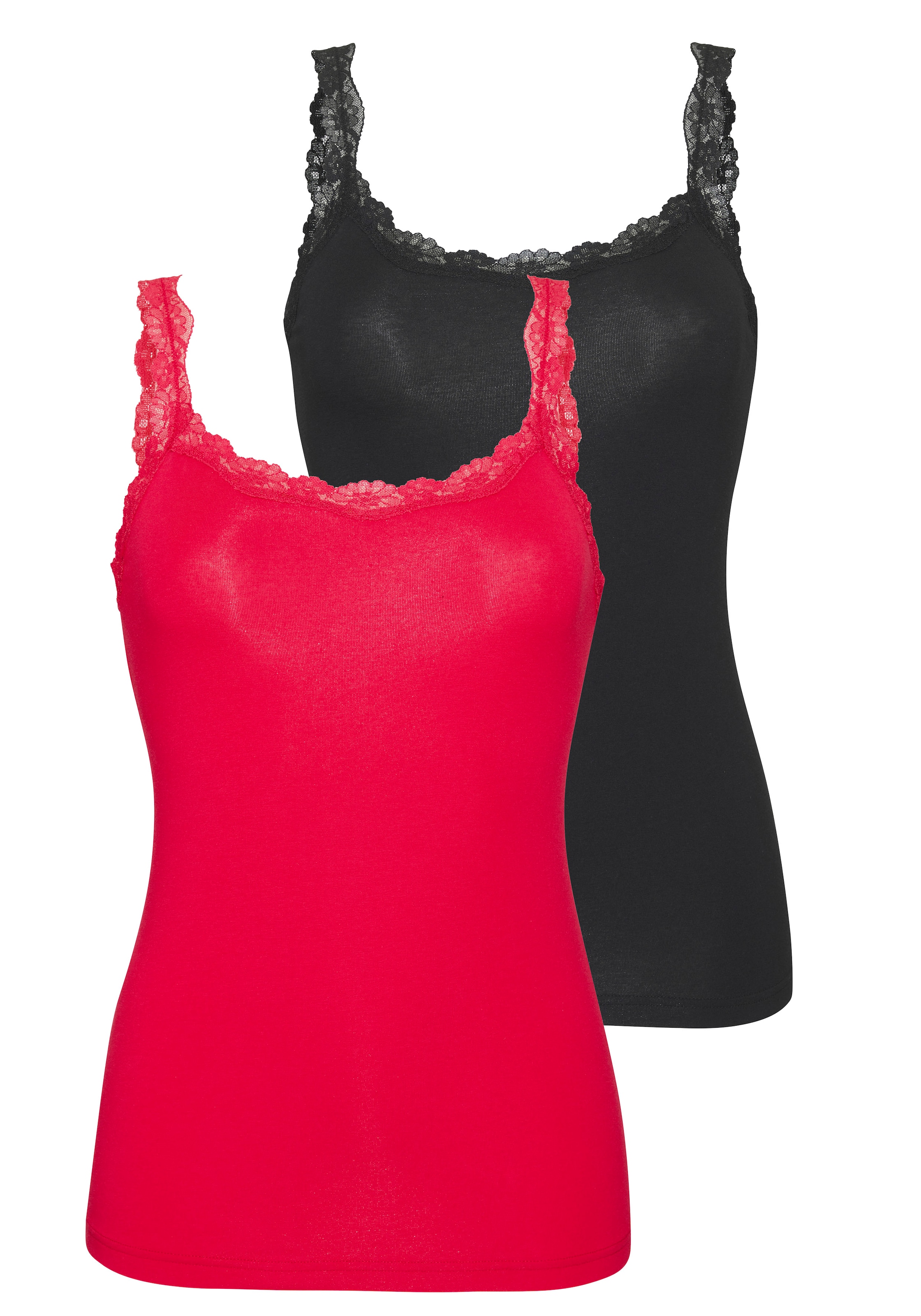LASCANA Unterhemd 2er-Pack,  aus elastischer Baumwolle mit zarter Spitze, Spaghettiträger-Top