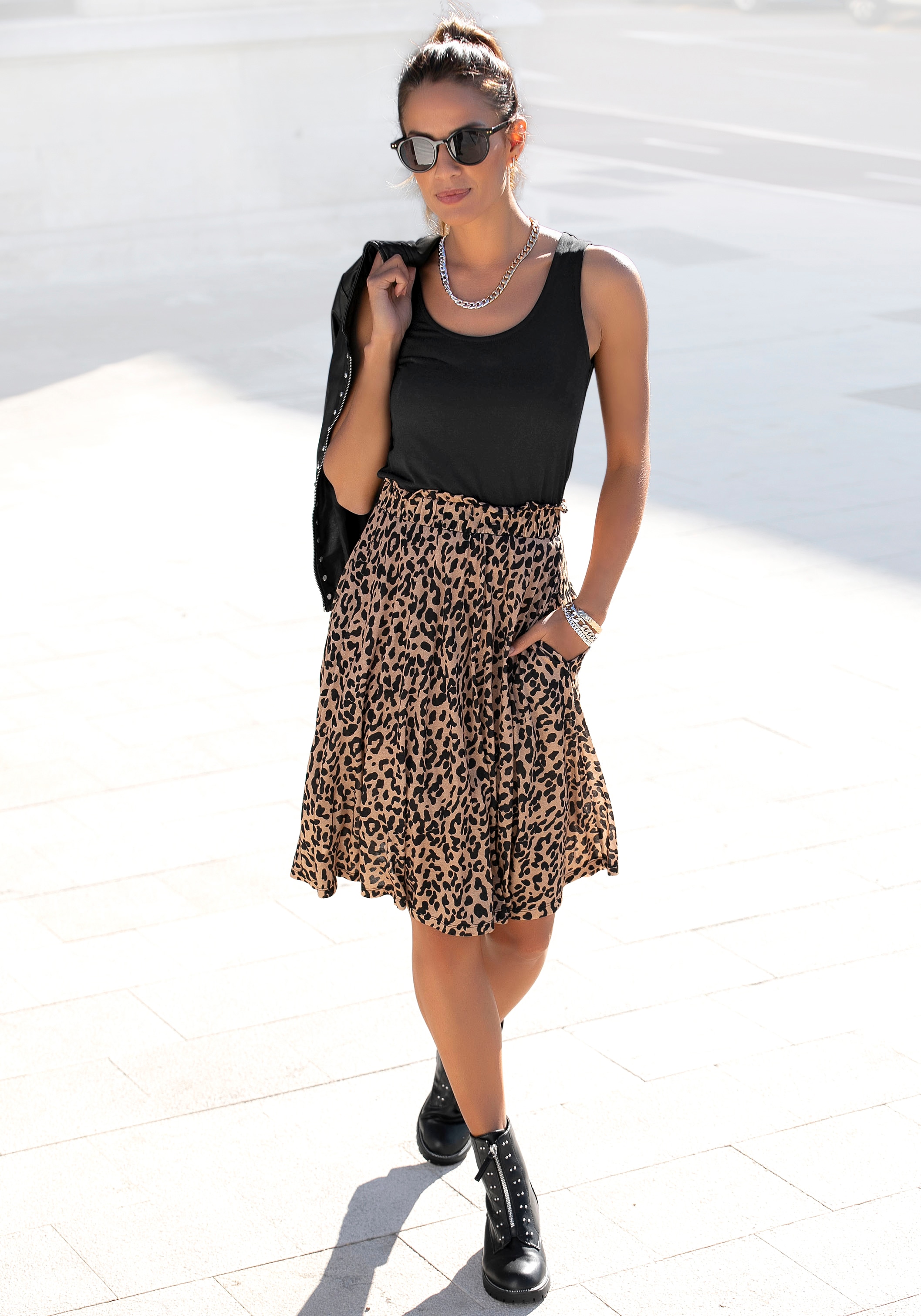 Buffalo Jerseykleid Seitennahttaschen mit Paperbag-Bund und Animalprint, Leokleid, Sommerkleid