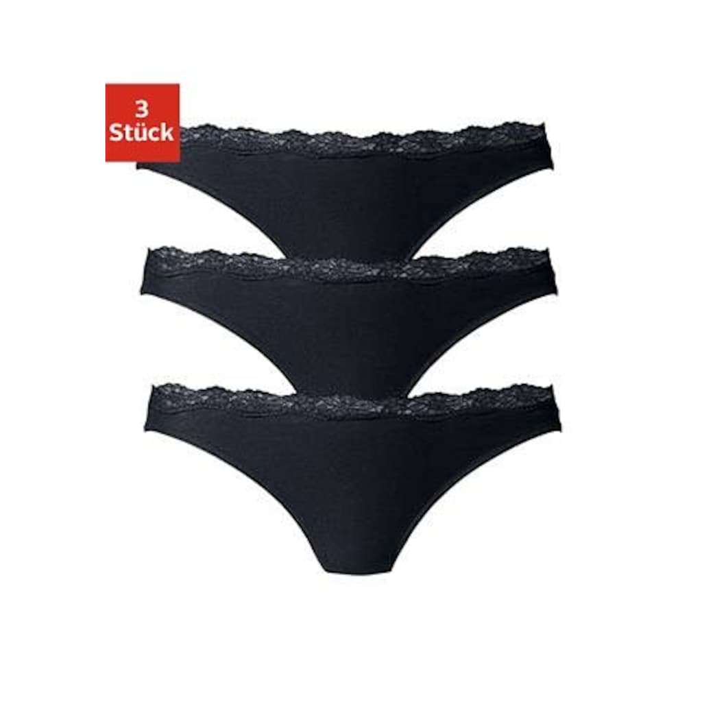 LASCANA String, (3er-Pack), aus elastischer Baumwolle mit zarter Spitze