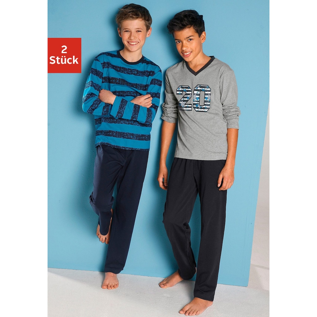 AUTHENTIC LE JOGGER Pyjama, (4 tlg., 2 Stück), mit lässigem Druck und gedruckten Streifen