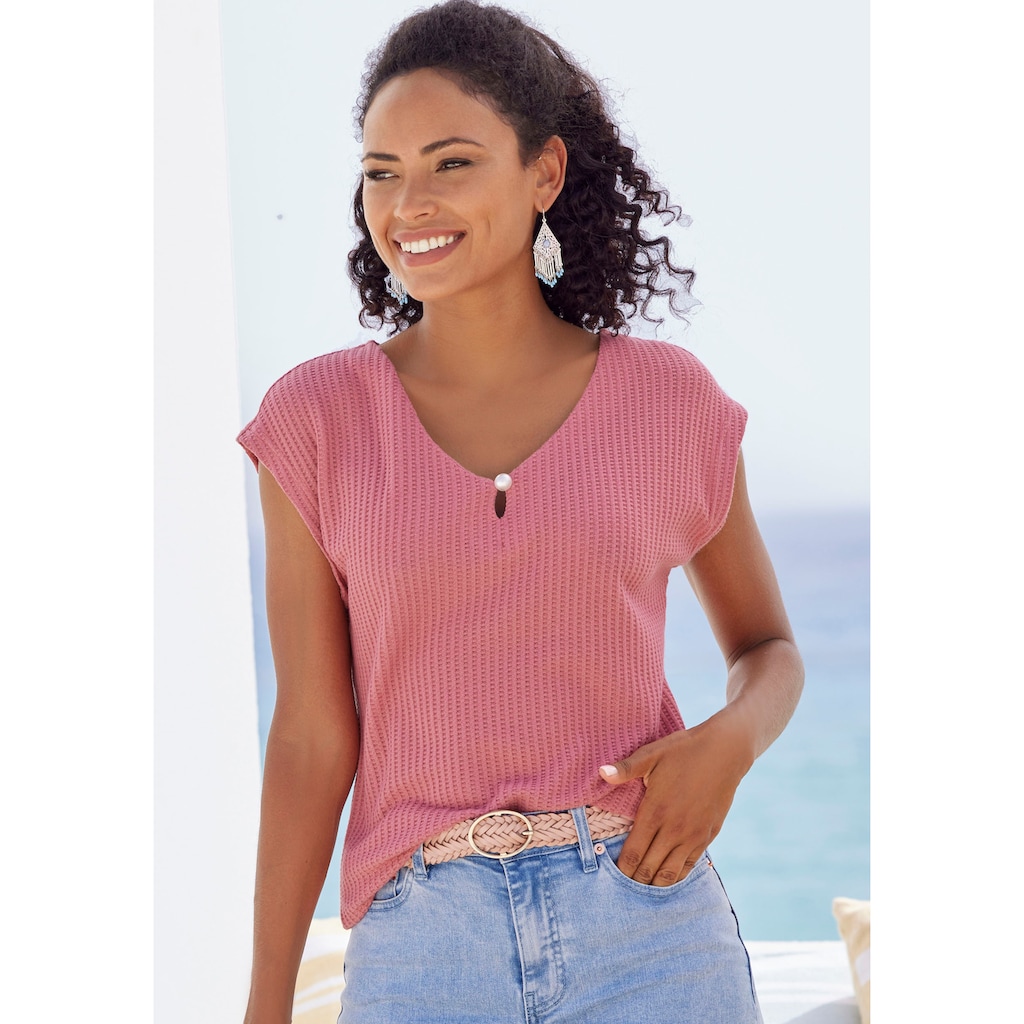LASCANA Kurzarmshirt »mit Zierperle«, (2er-Pack), aus weicher Piqué-Qualität