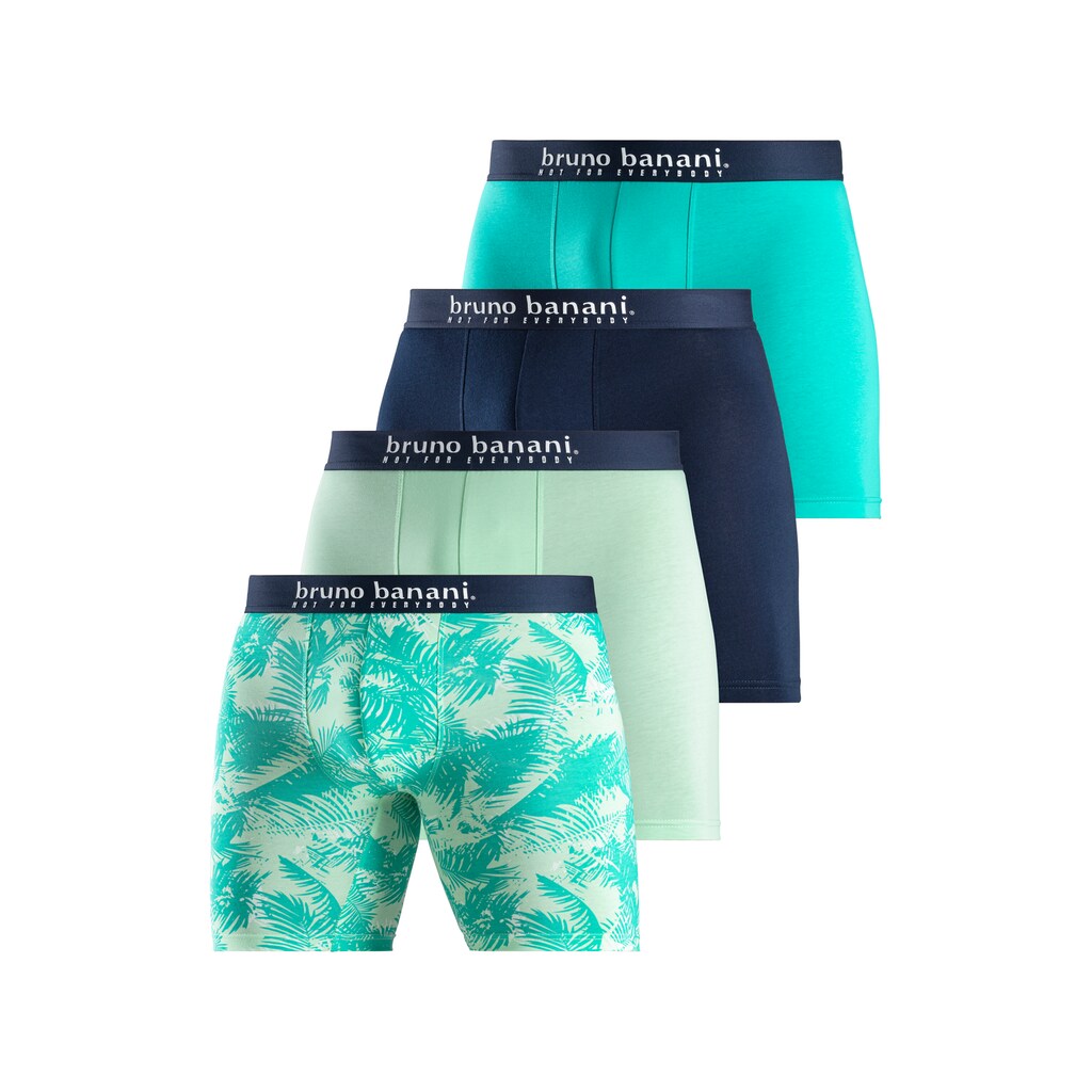 Bruno Banani Langer Boxer, (Packung, 4 St., 4er-Pack), mit Palmendruck und unifarben aus Baumwollmischung