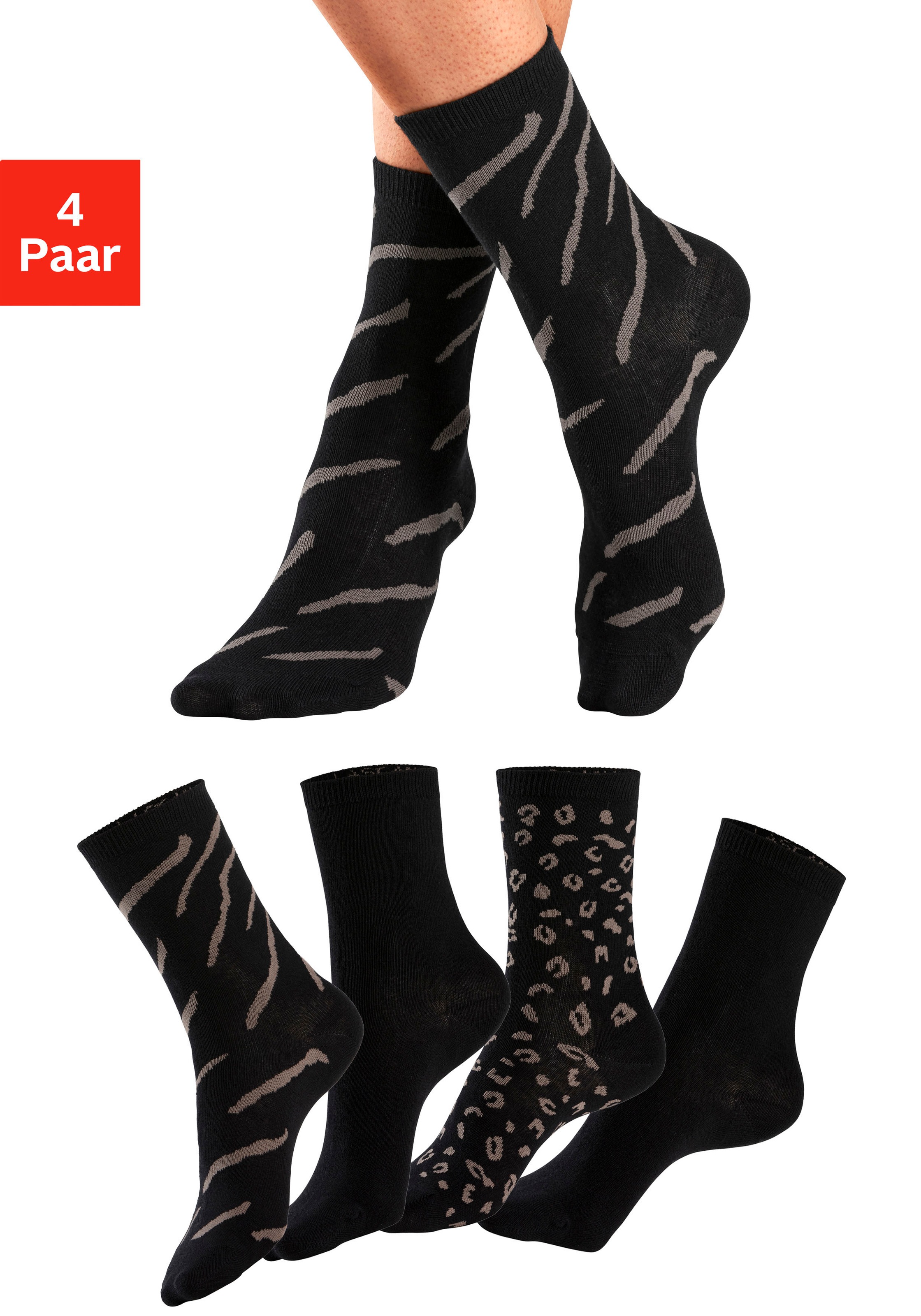 LASCANA Basicsocken Packung, 4 Stk. tlg. uni und mit animal Design